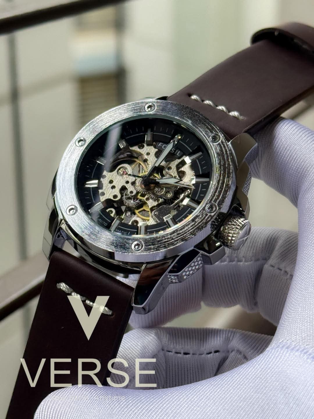 Fossil Automatic Brown Belt Big Black Dial AA - VERSE - 