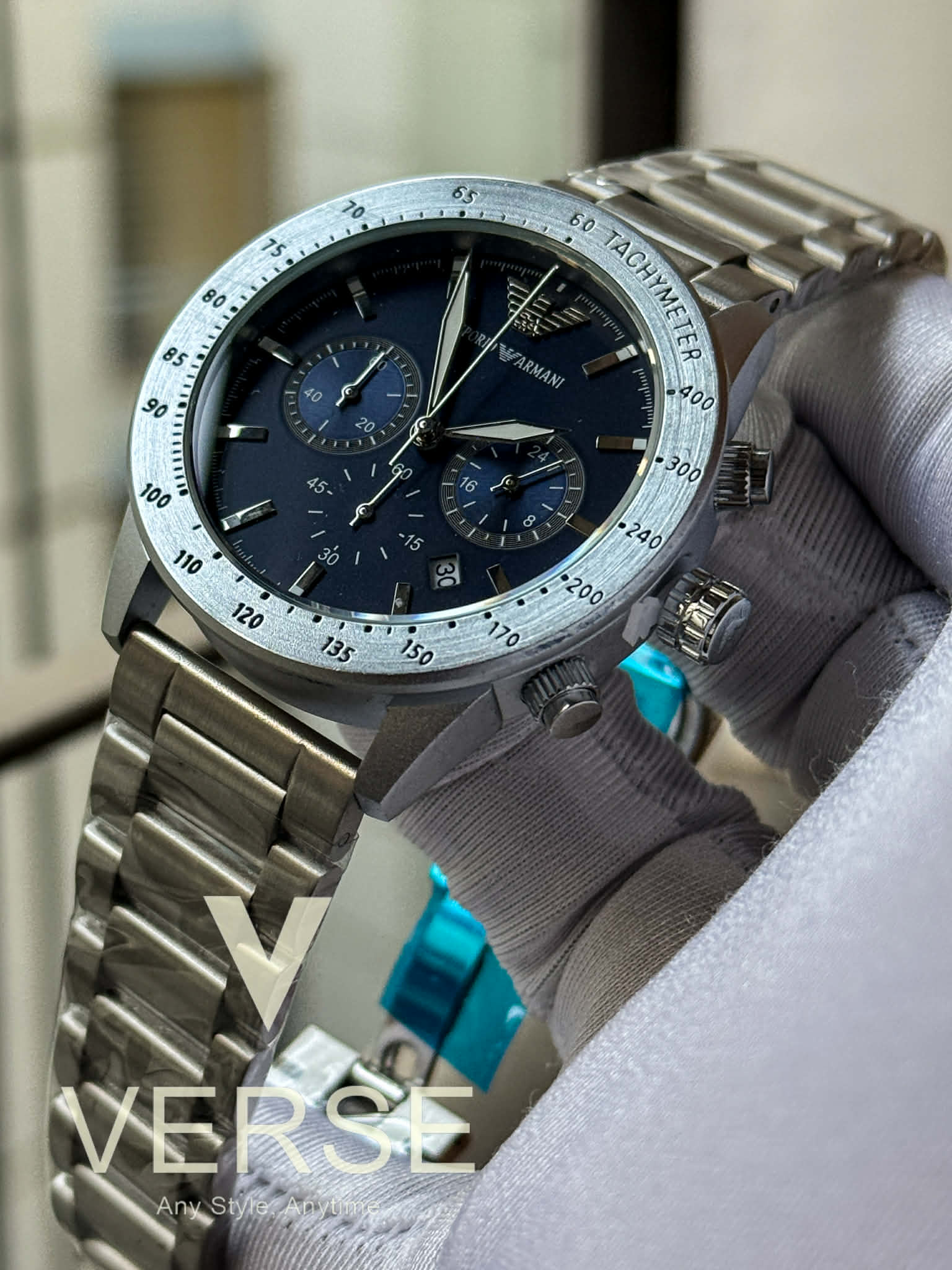 Armani Mario Chronograph Silver Chain Blue Dial AA - VERSE - 