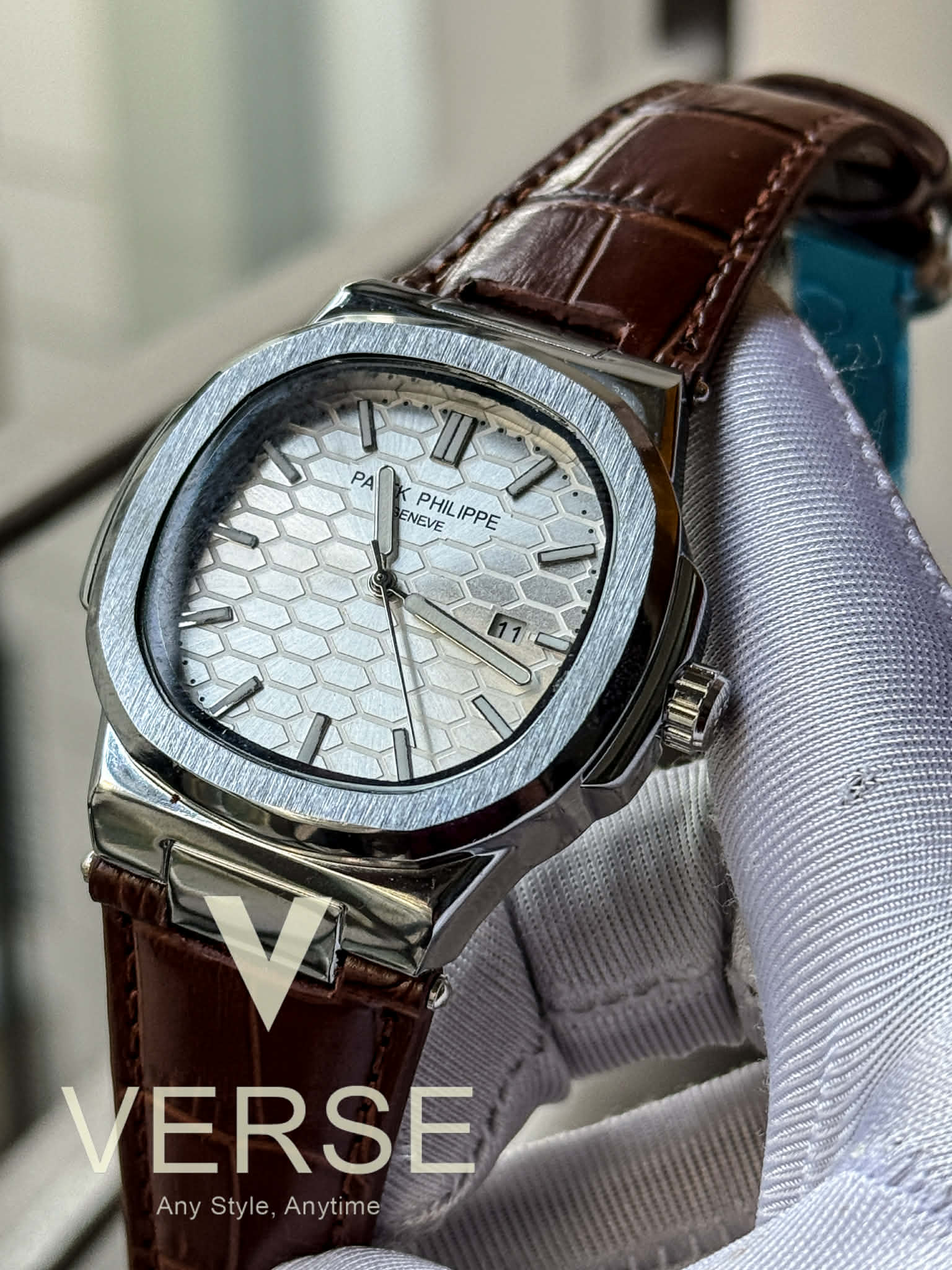 Patek Philippe Nautilus Sweep Honeycomb White Dial Brown Belt Silver Case AA - VERSE - 
