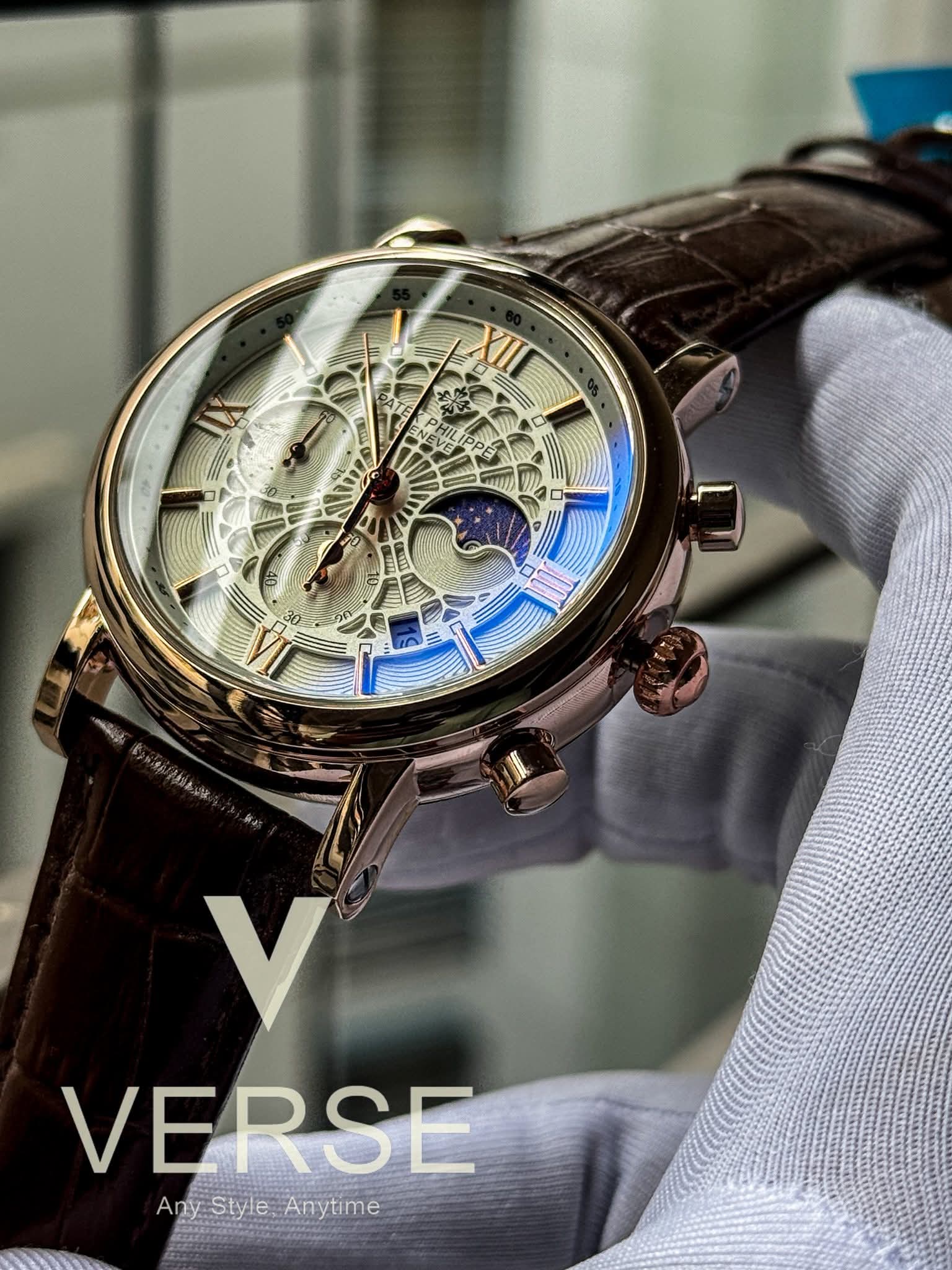 Patek Philippe Moonphase White Spider Dial Brown Belt Rose Gold Case AA - VERSE - 