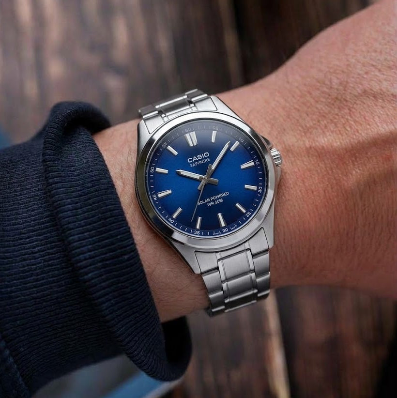 Casio MTS-RS100D-2AVDF Sapphire Flarald Blue Dial Stainless Steel Men's Solar Powered Watch | Casio MTS-RS100D-2AVDF