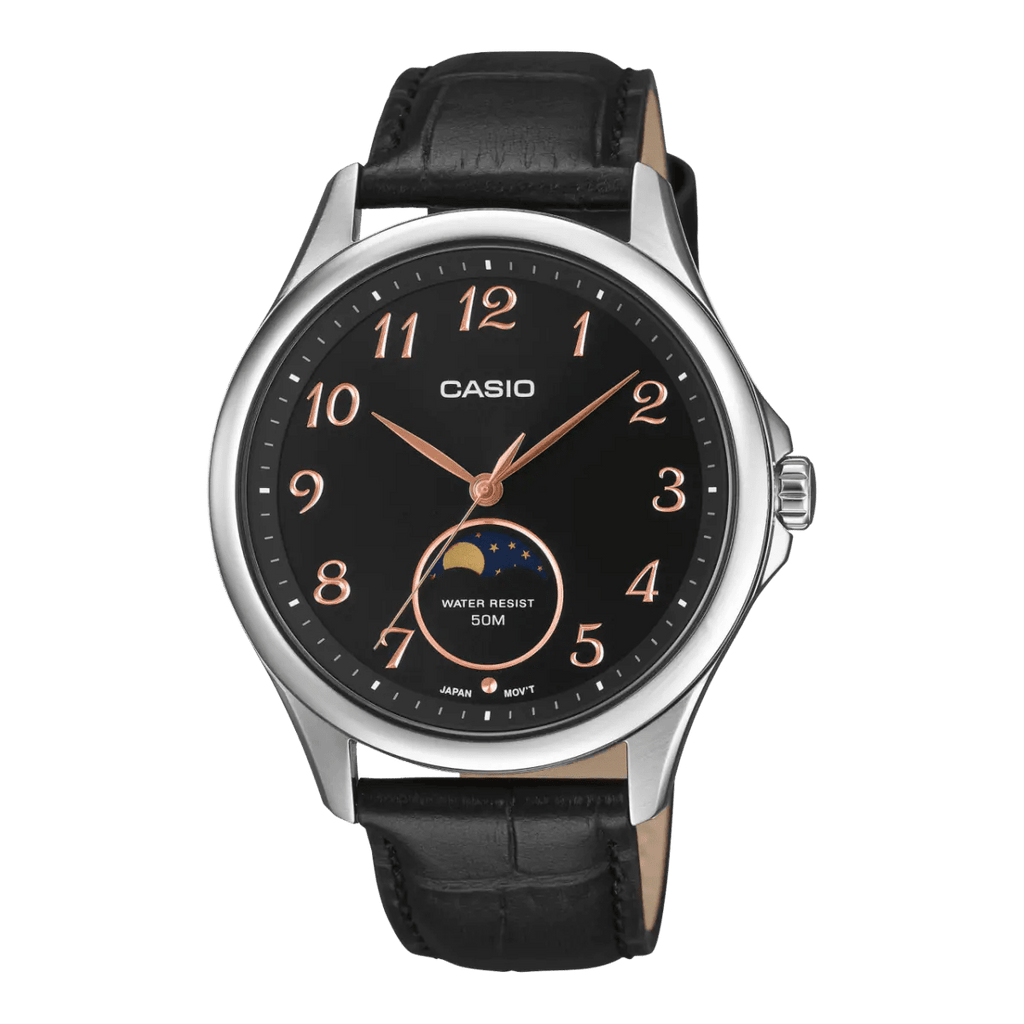 Casio MTP - M110L - 1AV Moon Phase Black Dial Men's Leather Watch | Casio MTP - M110L - 1AV - VERSE - 