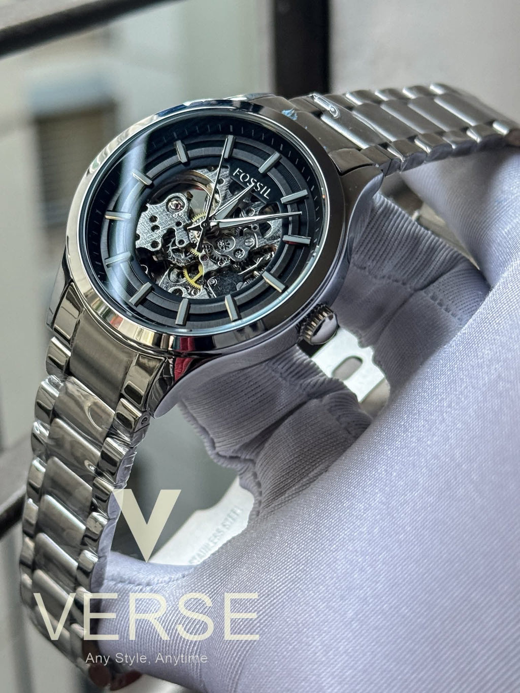 Fossil Automatic Silver Chain Black Skeleton Dial AA - VERSE - 