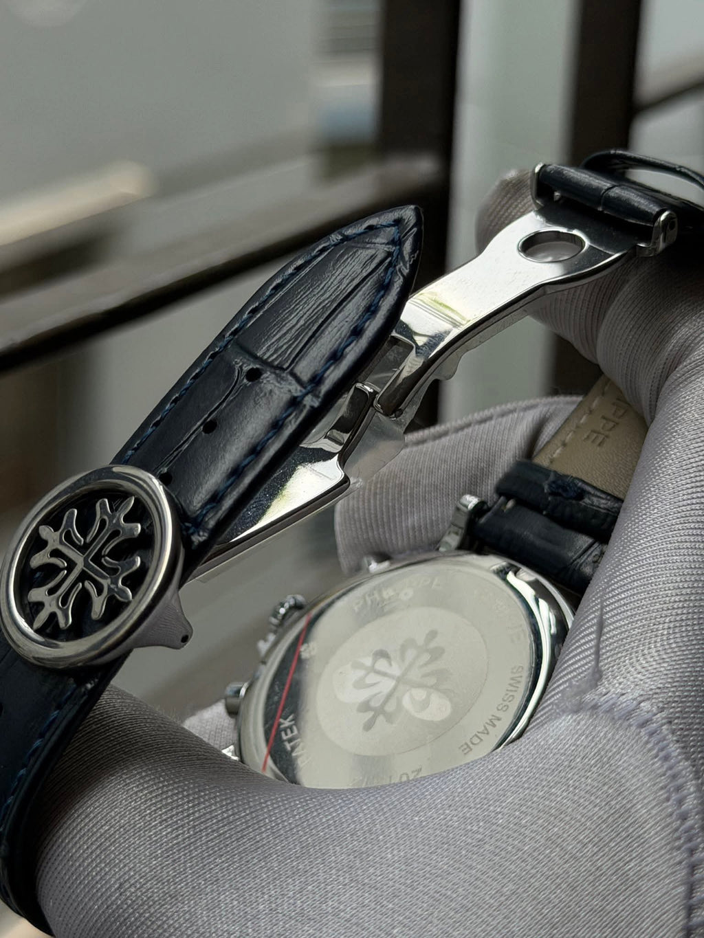 Patek Philippe Moonphase Chronograph | Navy Leather Spider White Dial - ( Double A )