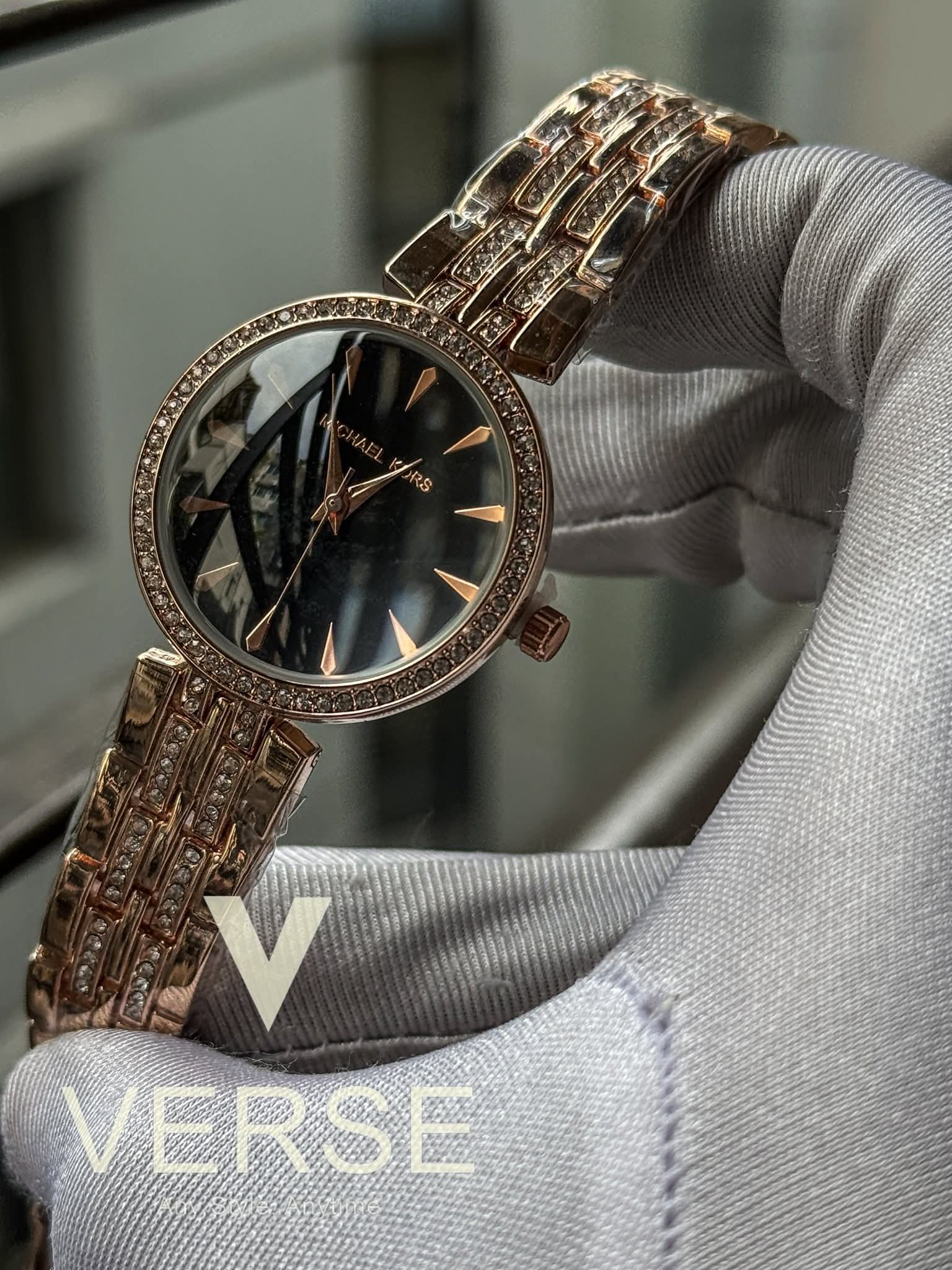 Michael Kors Mini Darci Petite Pavé Rose - Gold Pavé bracelet Black Dial AA - VERSE - 
