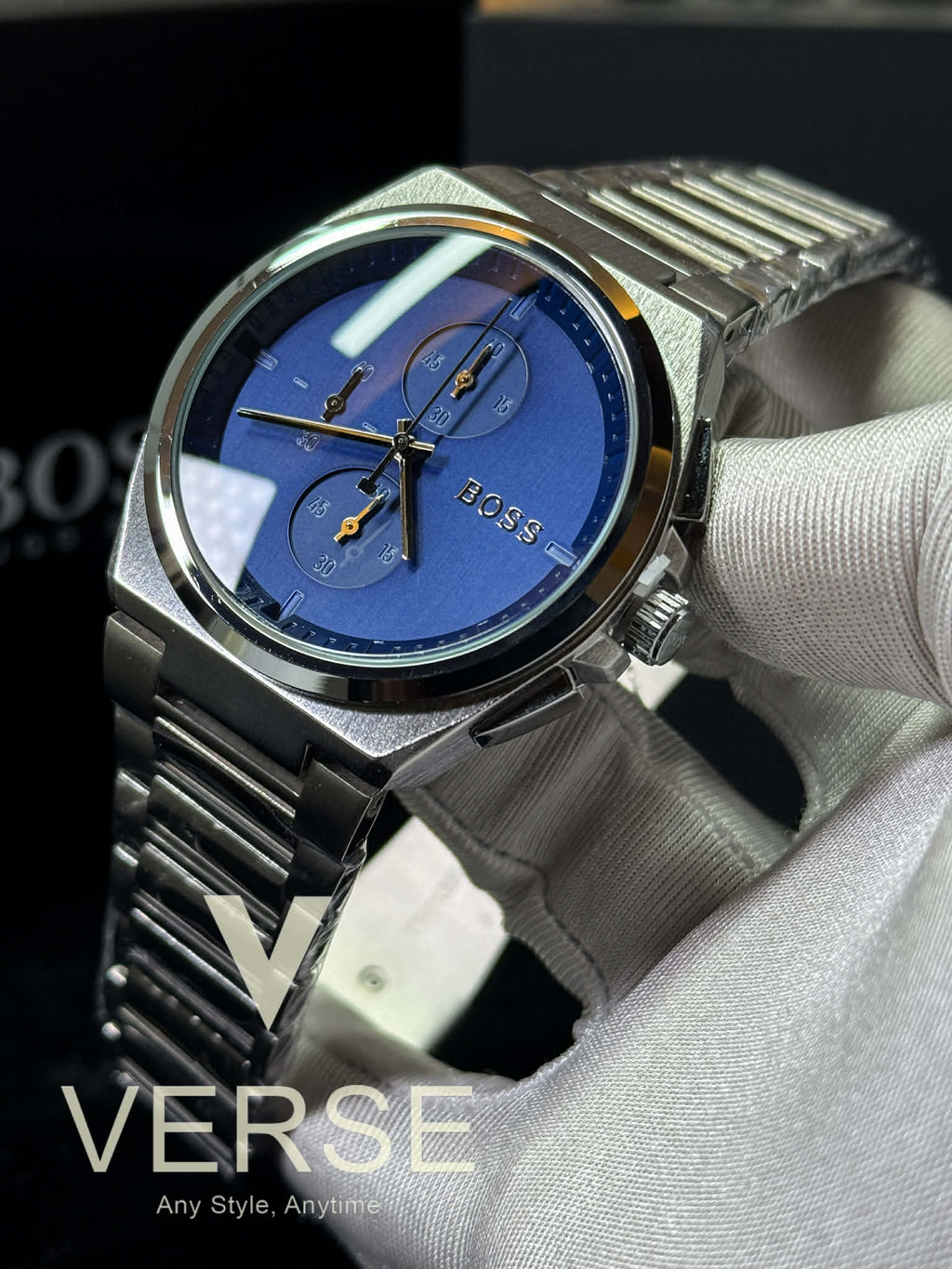 BOSS Steer Chronograph Stainless Steel Watch – Blue Dial AA - VERSE - 