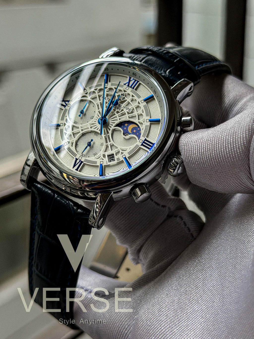 Patek Philippe Moonphase Chronograph | Navy Leather Spider White Dial - ( Double A )