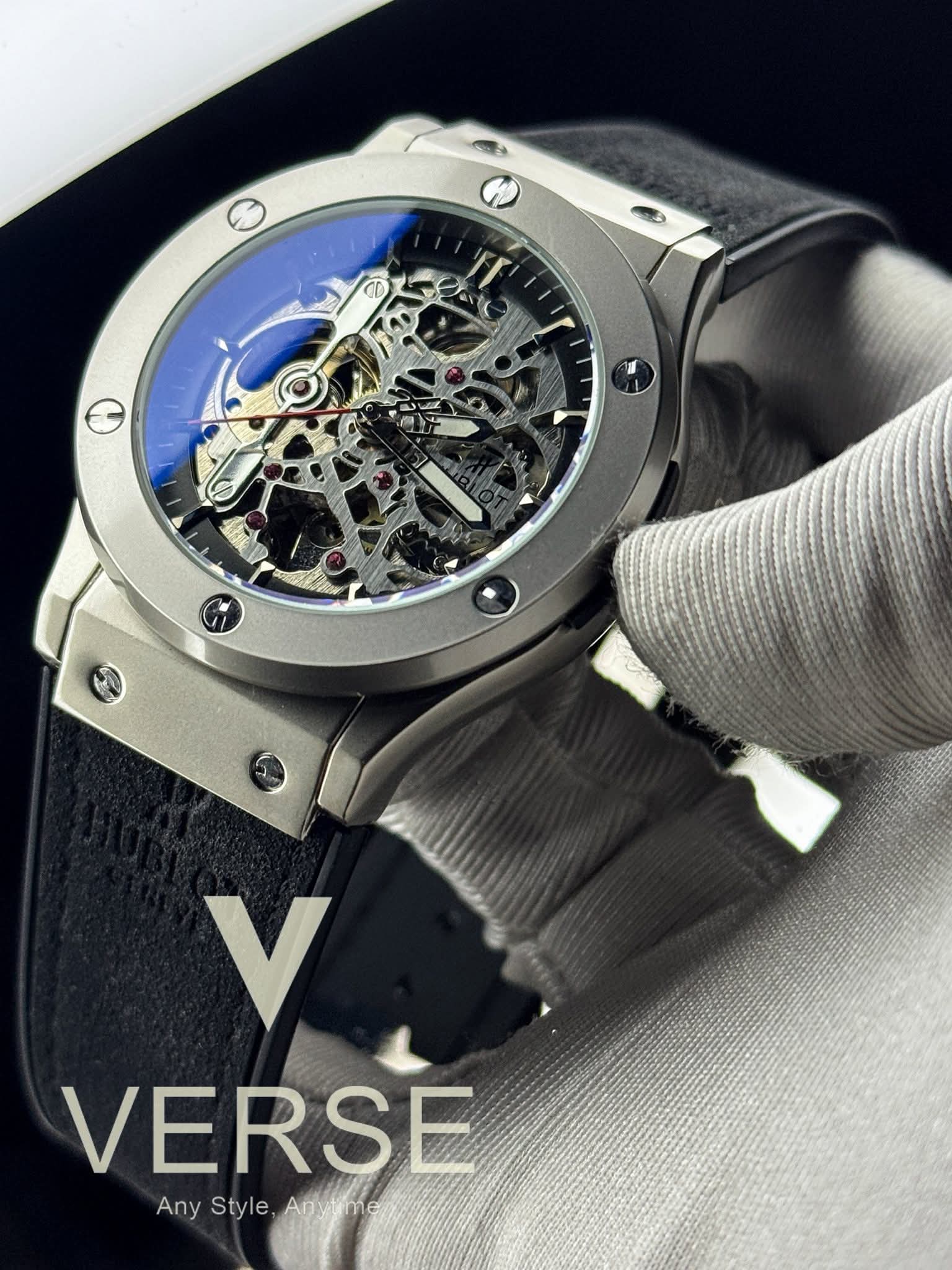 Hublot Automatic Black Belt Silver Case Openworked Black Dial AA - VERSE - 