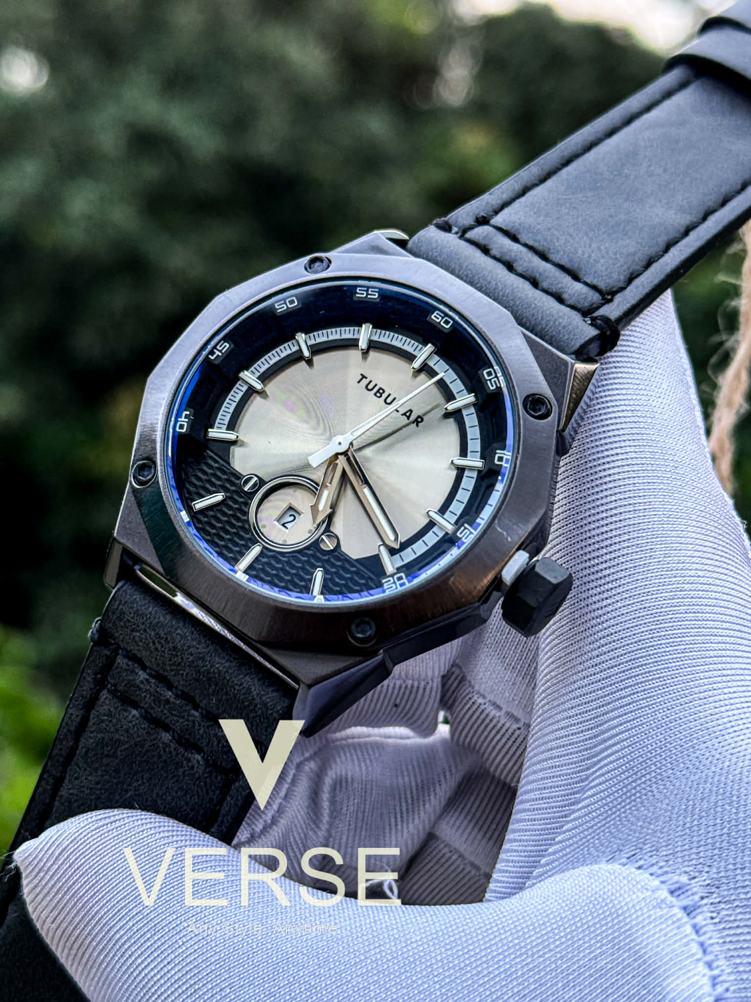 Tubular Black Belt Gunmetal Case Guilloché Dial - VERSE - 