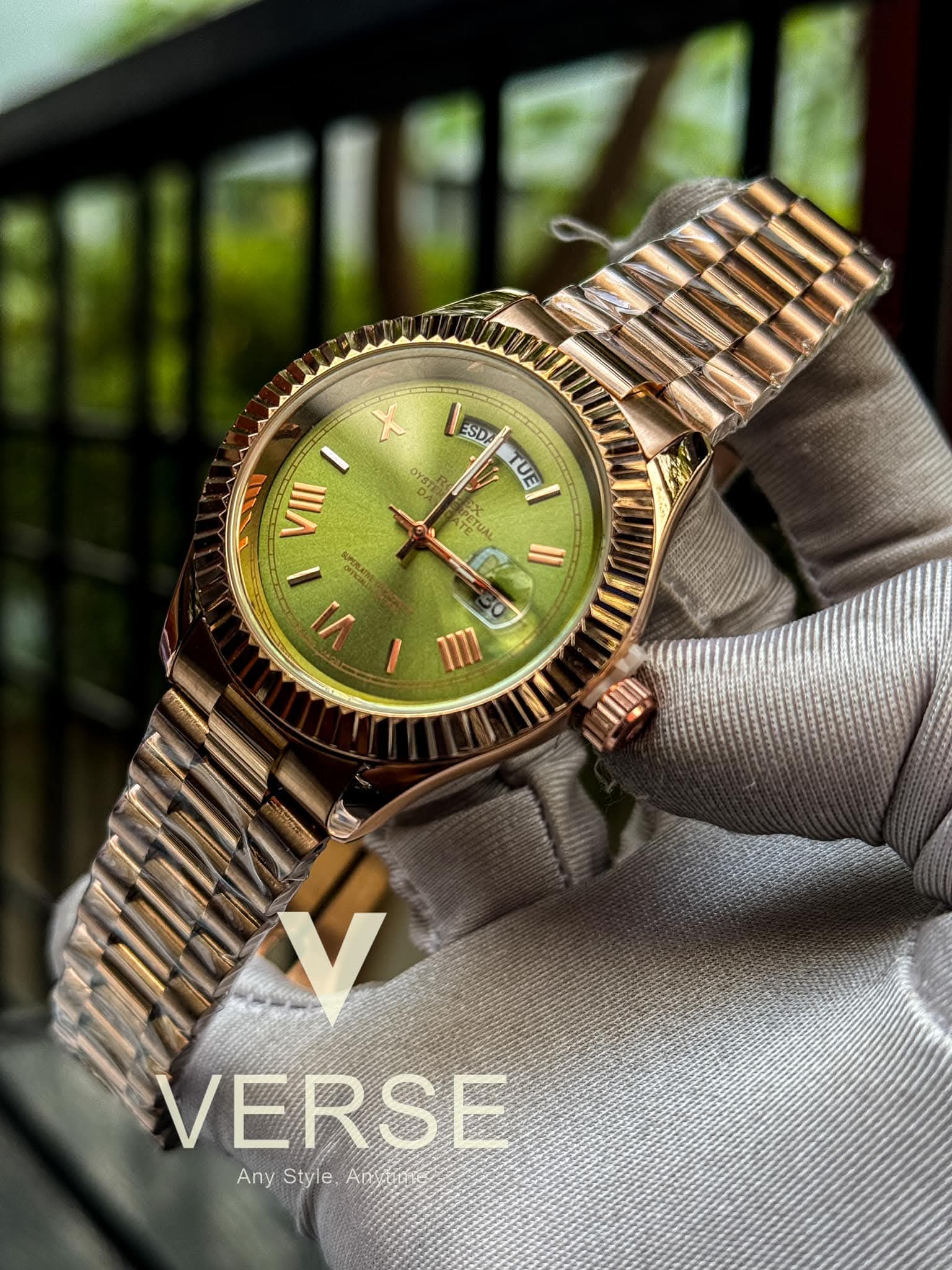 Rolex Day - Date Rose Gold Chain Olive Green Dial AA - VERSE - 