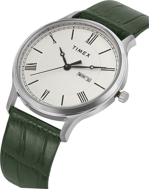 Timex TWTG10510 Men’s Analog Watch – White Dial, Dark Green Leather Strap| Timex TWTG10510 - VERSE - 