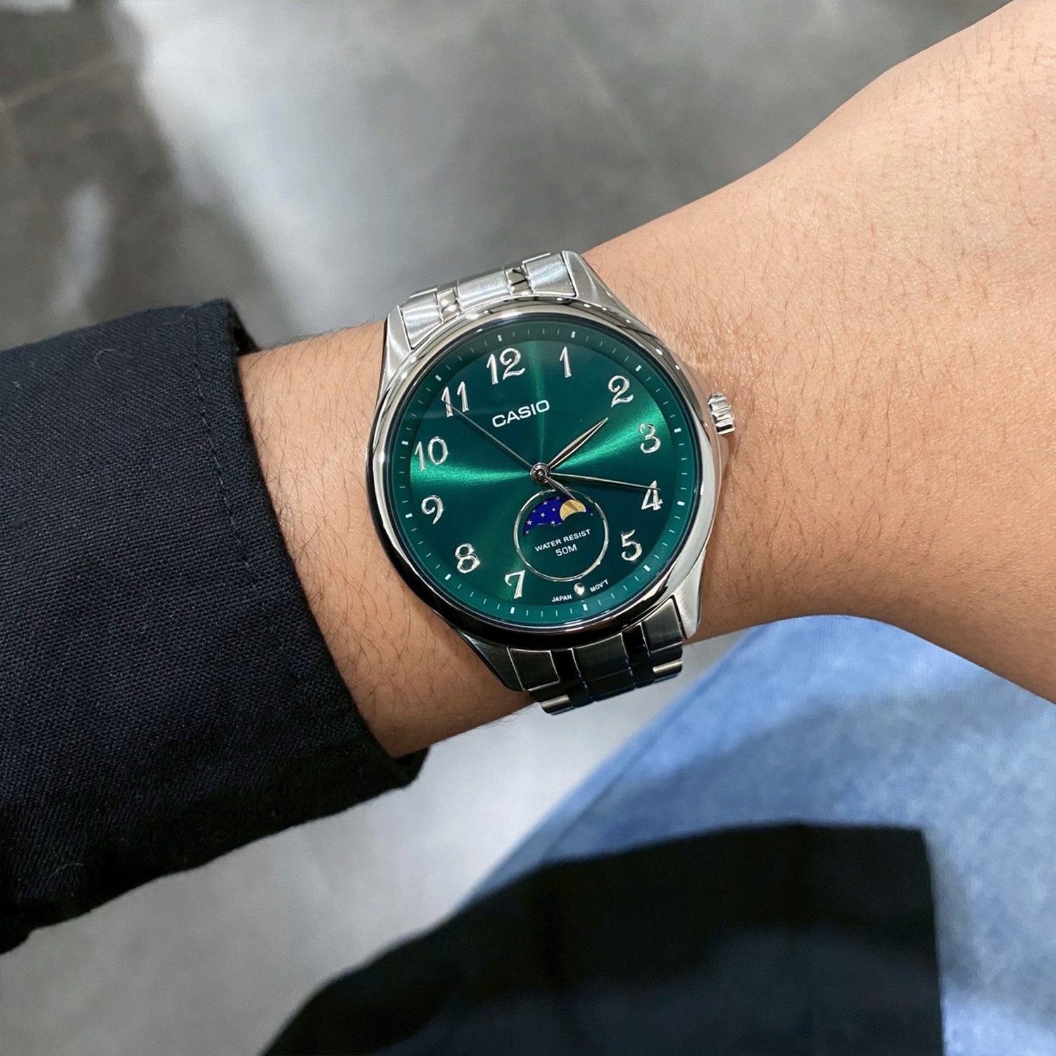 Casio MTP - M110D - 3AV Moon Phase Green Dial Men's Stainless Steel Watch | Casio MTP - M110D - 3AV - VERSE - 