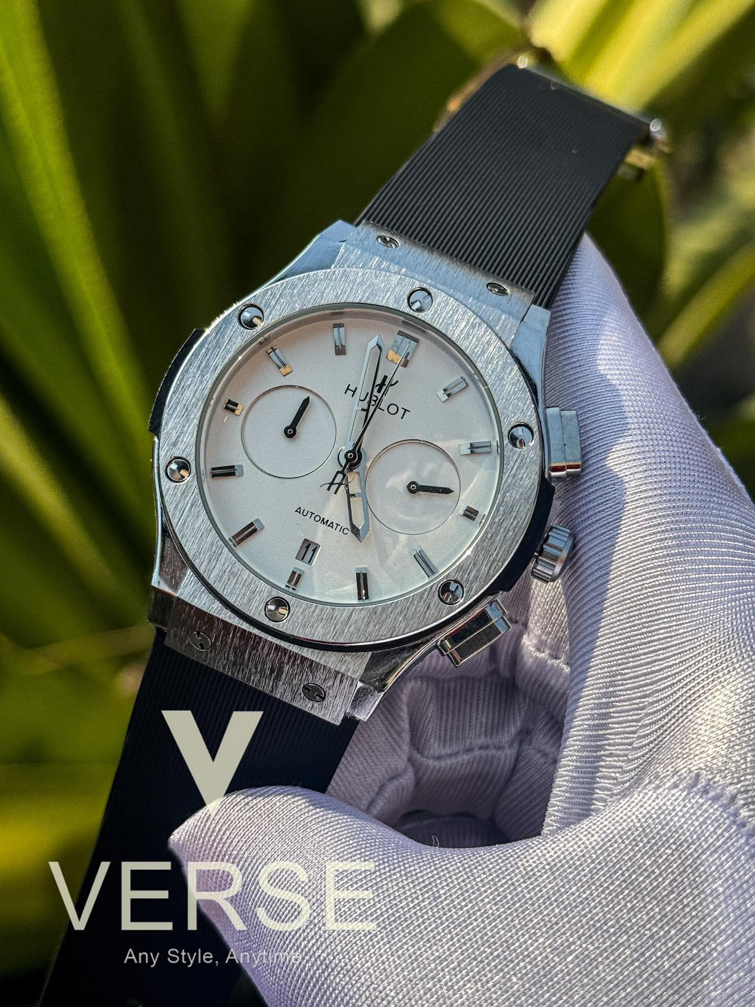 Hublot Classic Fusion Chronograph Silicone Black Belt Silver Case AA - VERSE - 