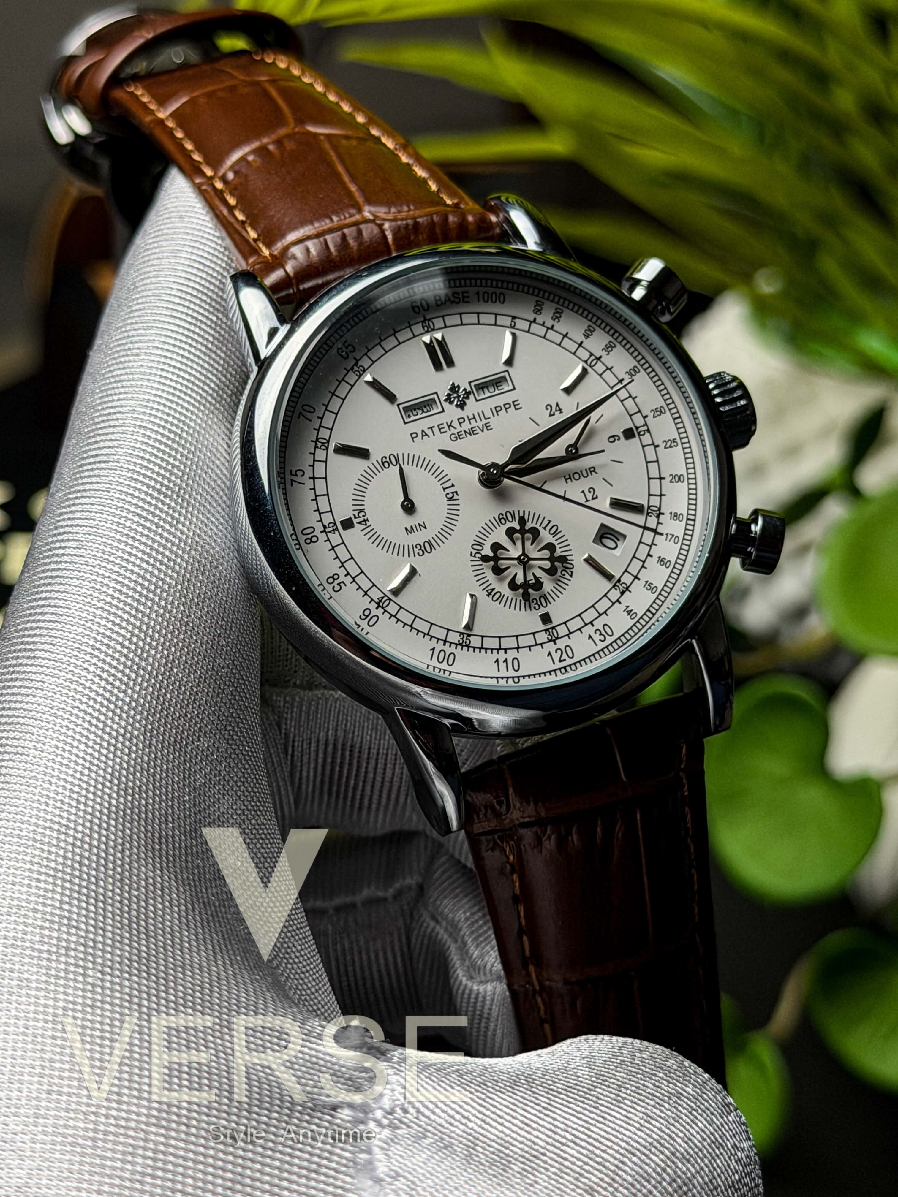 Patek Philippe Alchemist Arabic Day-Date Chronograph | White Dial Chestnut Brown Leather - ( Double A )