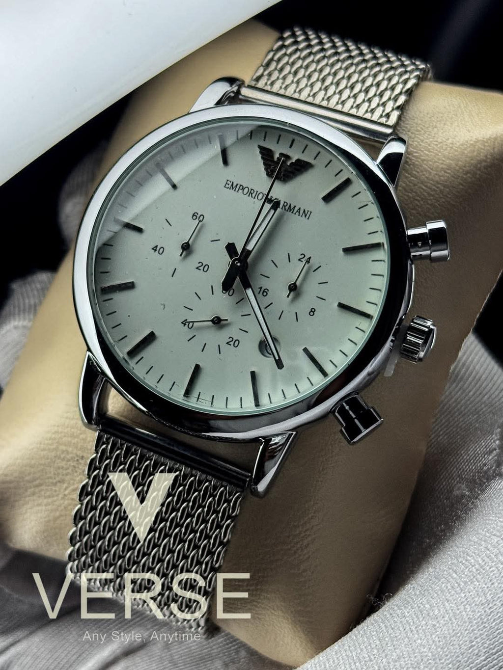 Armani Luigi Chronograph Mesh Chain Glossy White Dial AA - VERSE - 
