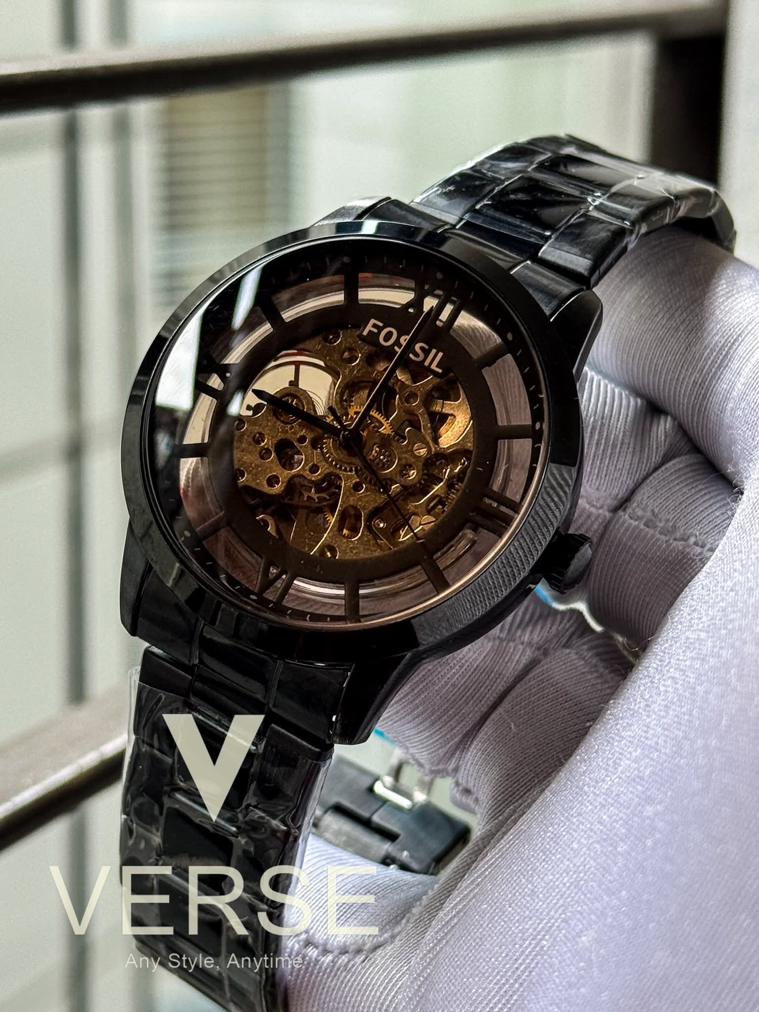 Fossil Automatic Skeleton Black Chain Brown Glass AA - VERSE - 
