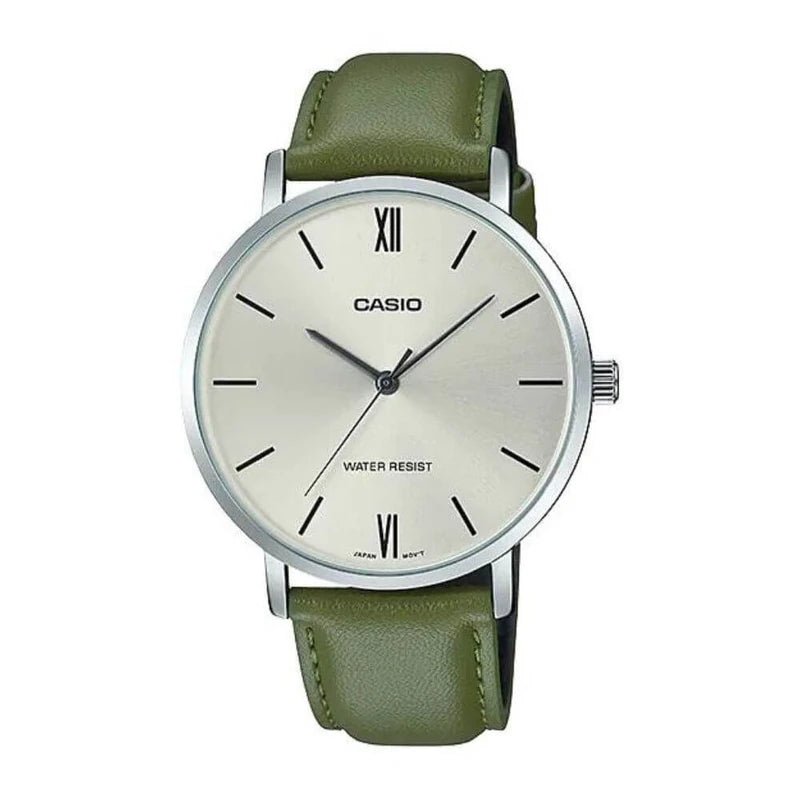Casio MTP - VT01L - 3BUDF Men’s Silver Dial Green Leather Watch | Casio MTP - VT01L - 3BUDF - VERSE - 