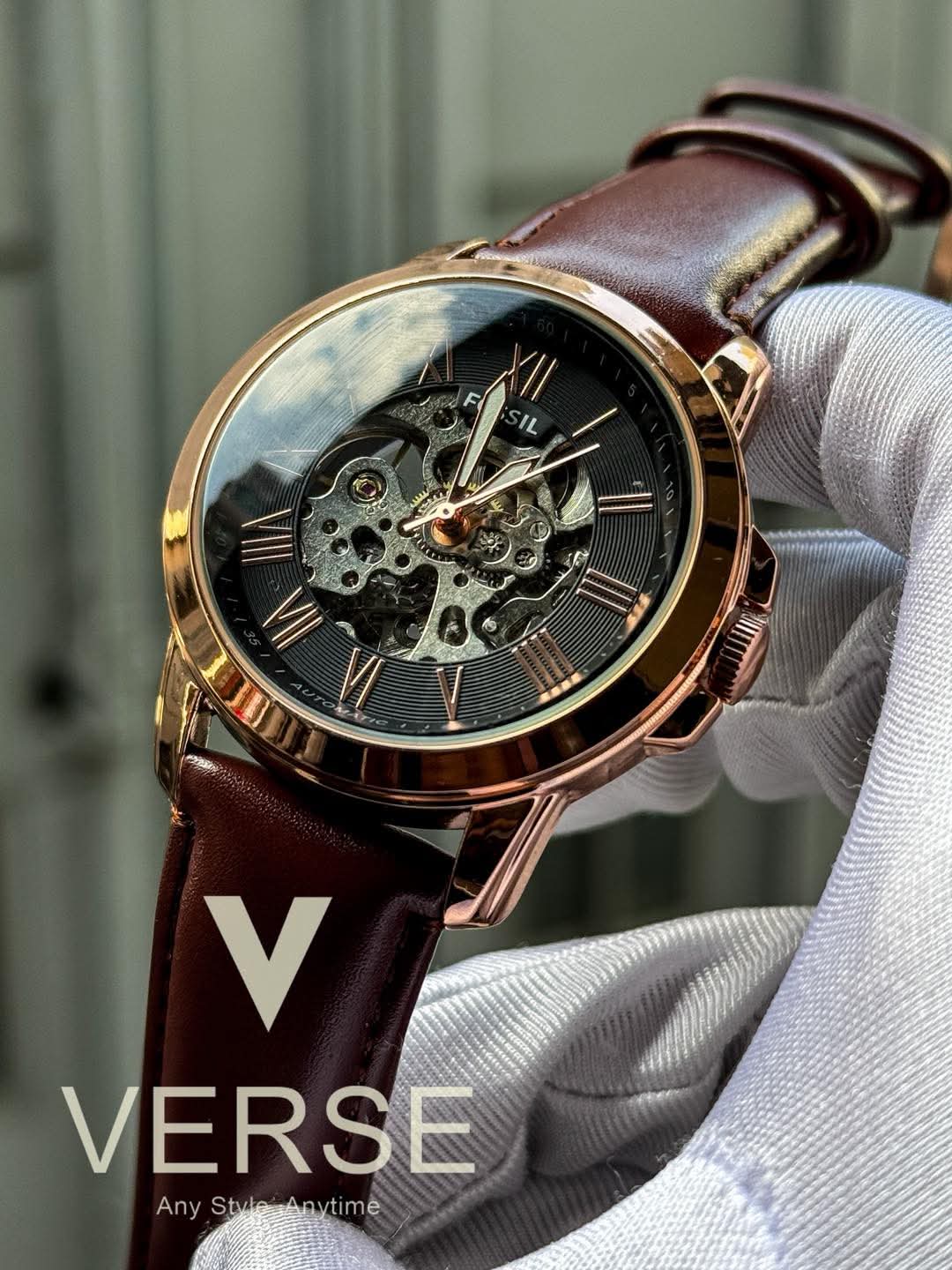 Fossil Automatic Maroon Belt Rose Gold AA - VERSE - 