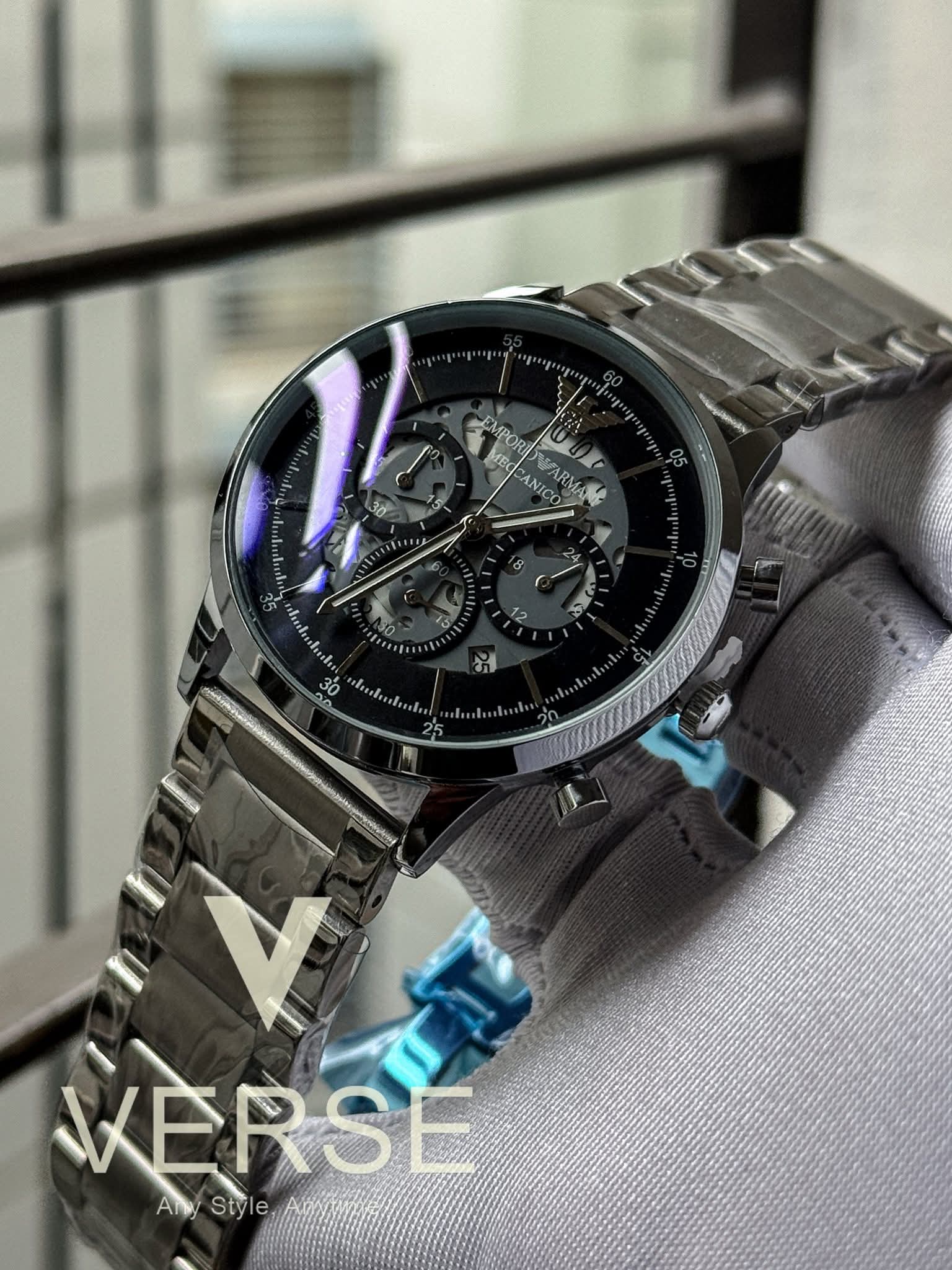 Emporio Armani Meccanico Chronograph Silver Chain Black Dial AA - VERSE - 