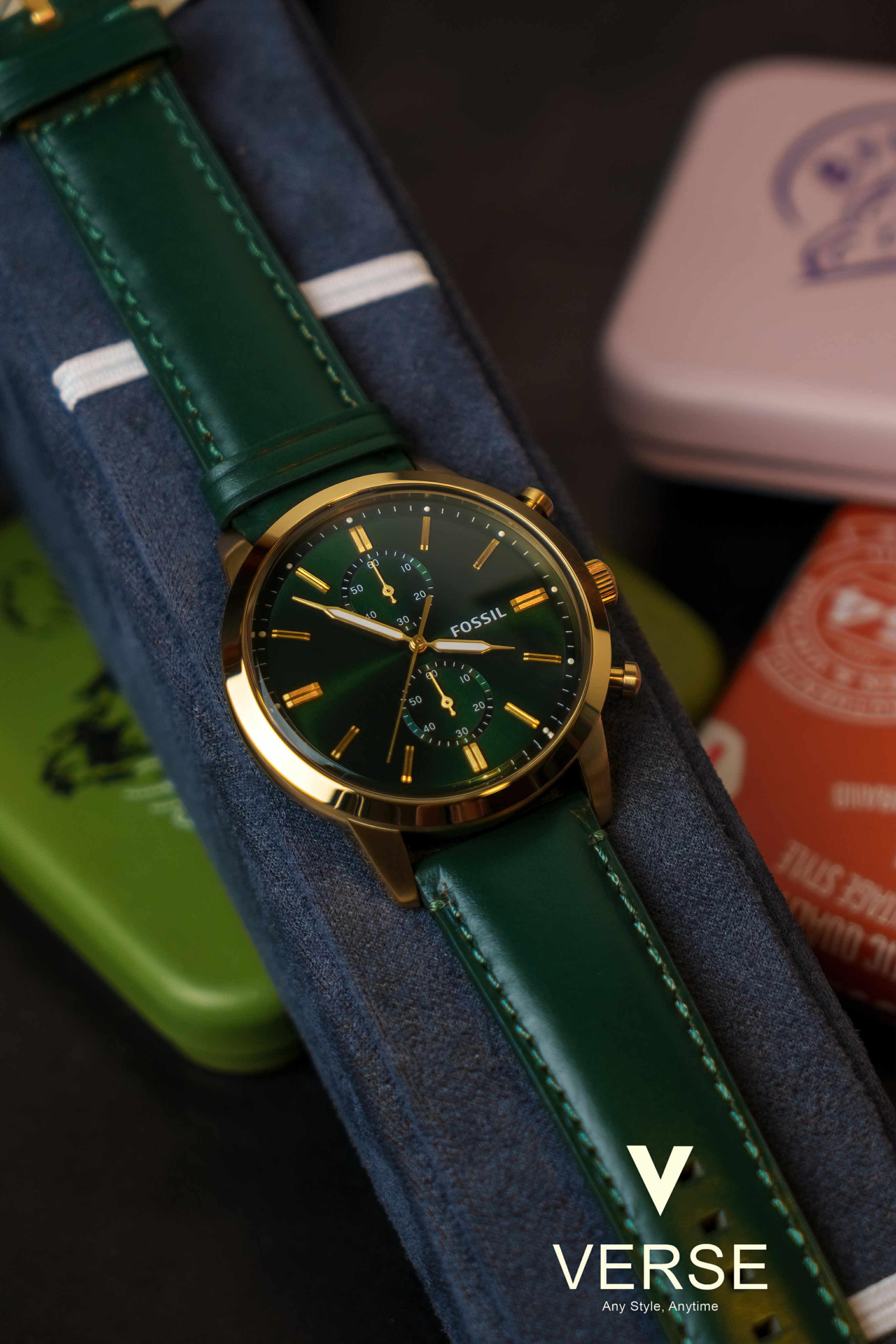 Fossil Townsman FS5599 Men’s 44 mm Green Chronograph – Gold - Tone Steel & Leather Strap - VERSE - 