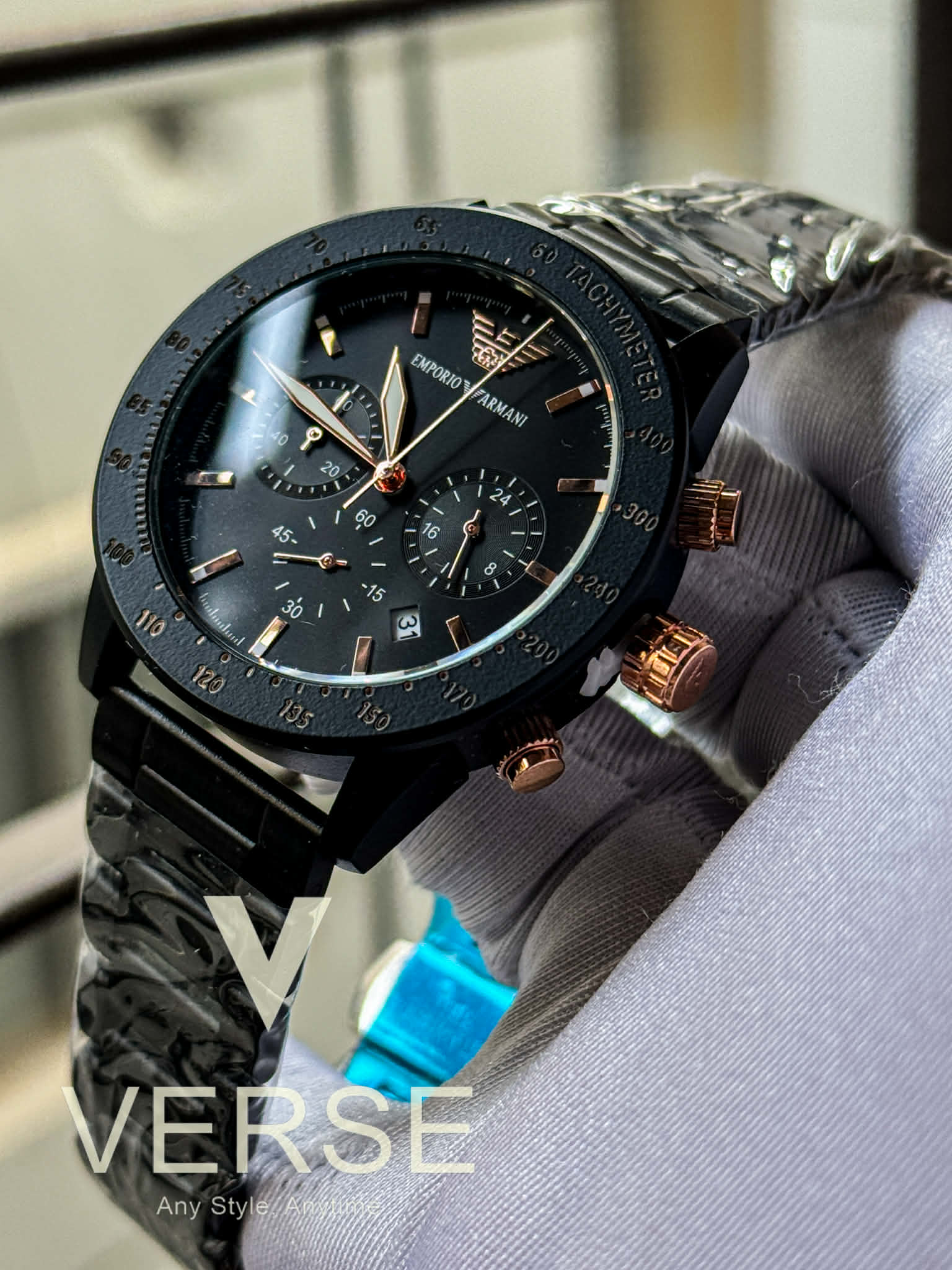 Armani Mario Chronograph Black Chain - Dial Rose Gold Accents AA - VERSE - 