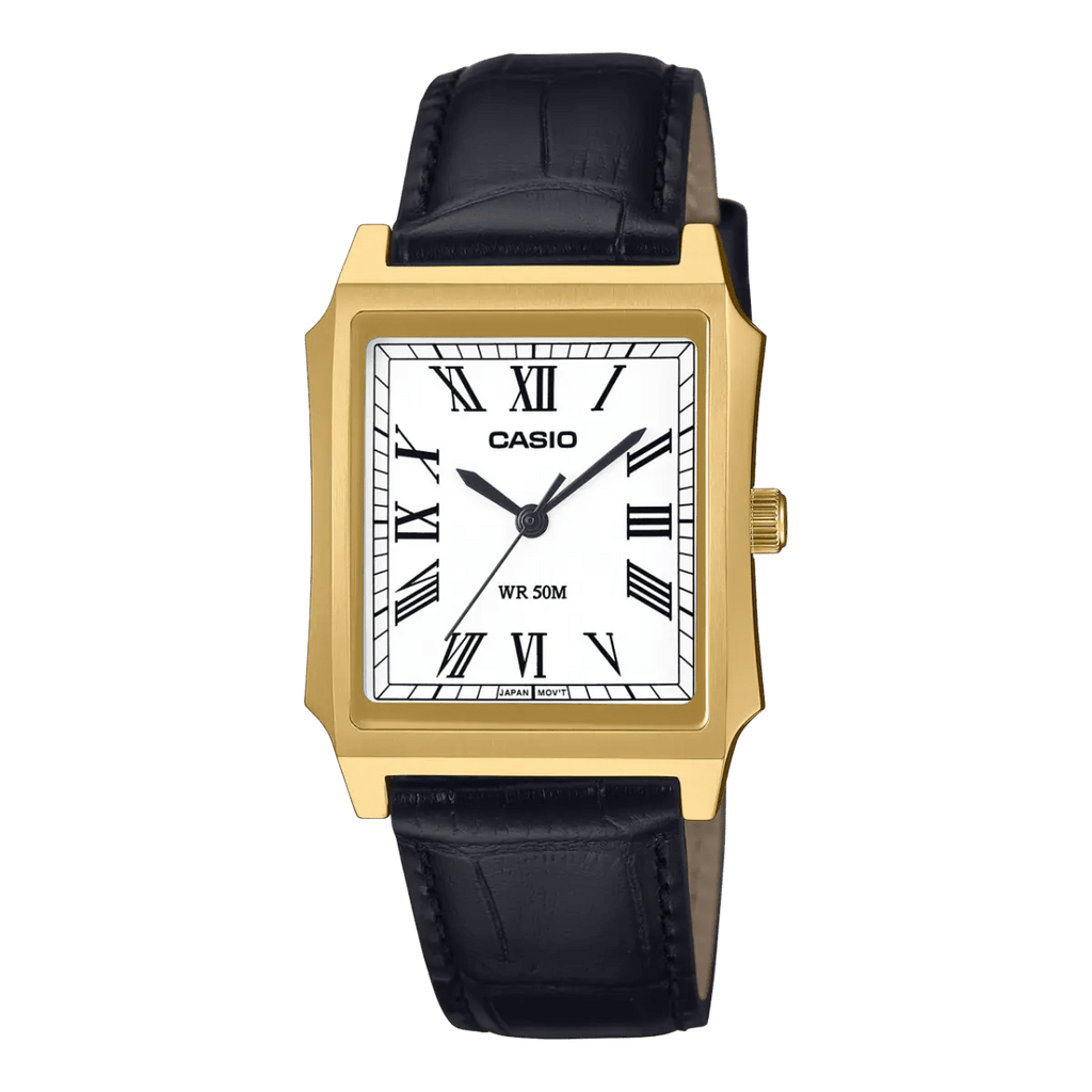 Casio MTP - B190GL - 7BVDF Gold Tone White Dial Black Leather Men’s Tank Watch | Casio MTP - B190GL - 7BVDF - VERSE - 