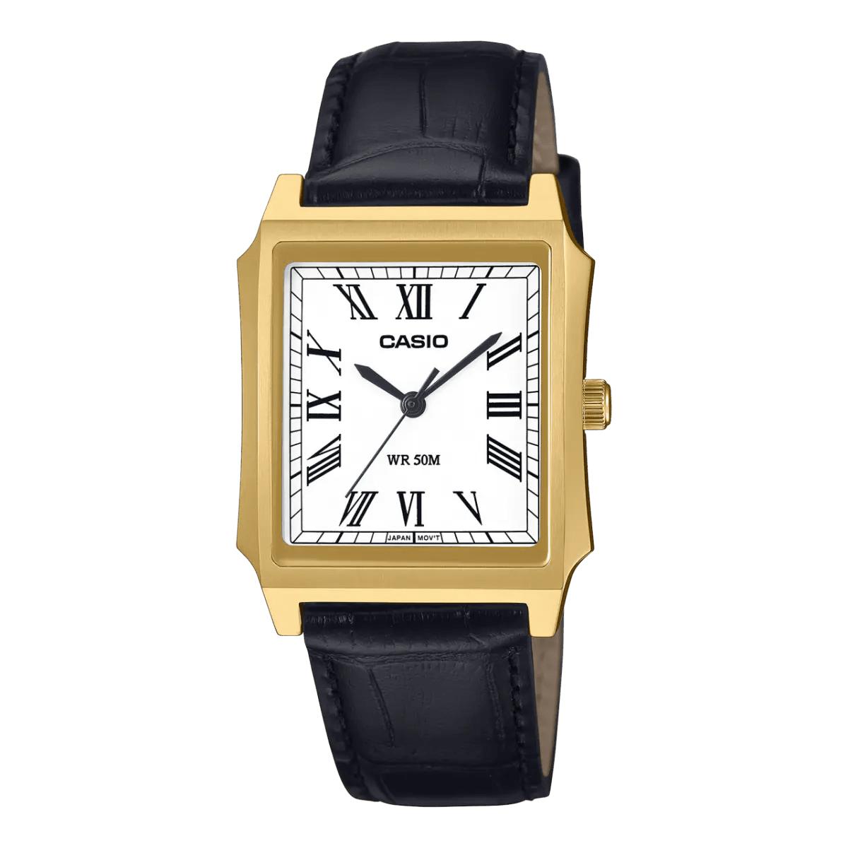 Casio MTP - B190GL - 7BVDF Gold Tone White Dial Black Leather Men’s Tank Watch | Casio MTP - B190GL - 7BVDF - VERSE - 