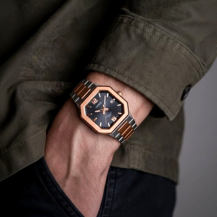 Casio MTP-B195RG-2AV Octagonal Sport Blue Dial Men's Rose Gold