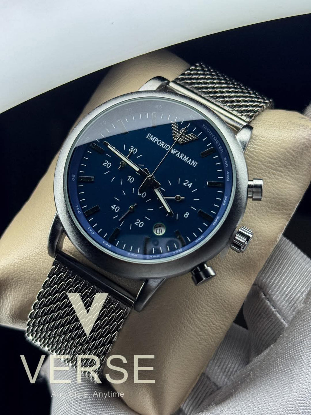 Armani Luigi Chronograph Mesh Chain Matte Blue Dial AA - VERSE - 
