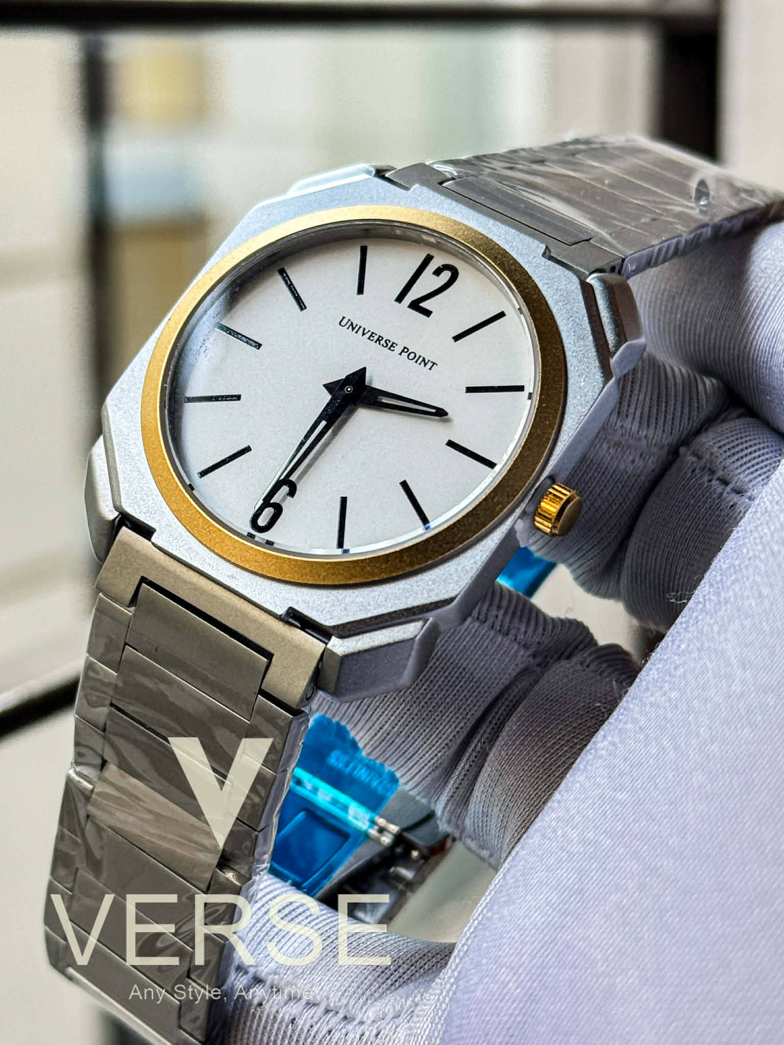 UNIVERSE POINT Ultra Slim Octagonal Stainless Steel Watch – Two - Tone Case White Dial | UP3949 - 1205B - VERSE - 