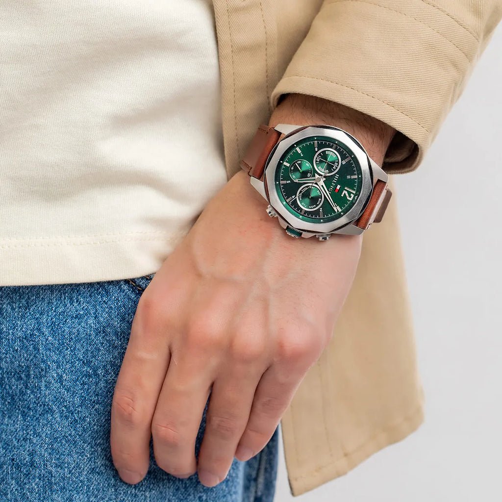 Tommy Hilfiger Lars 1792064 Men’s 46 mm Quartz Multifunction – Green Dial & Brown Leather Strap - VERSE - 
