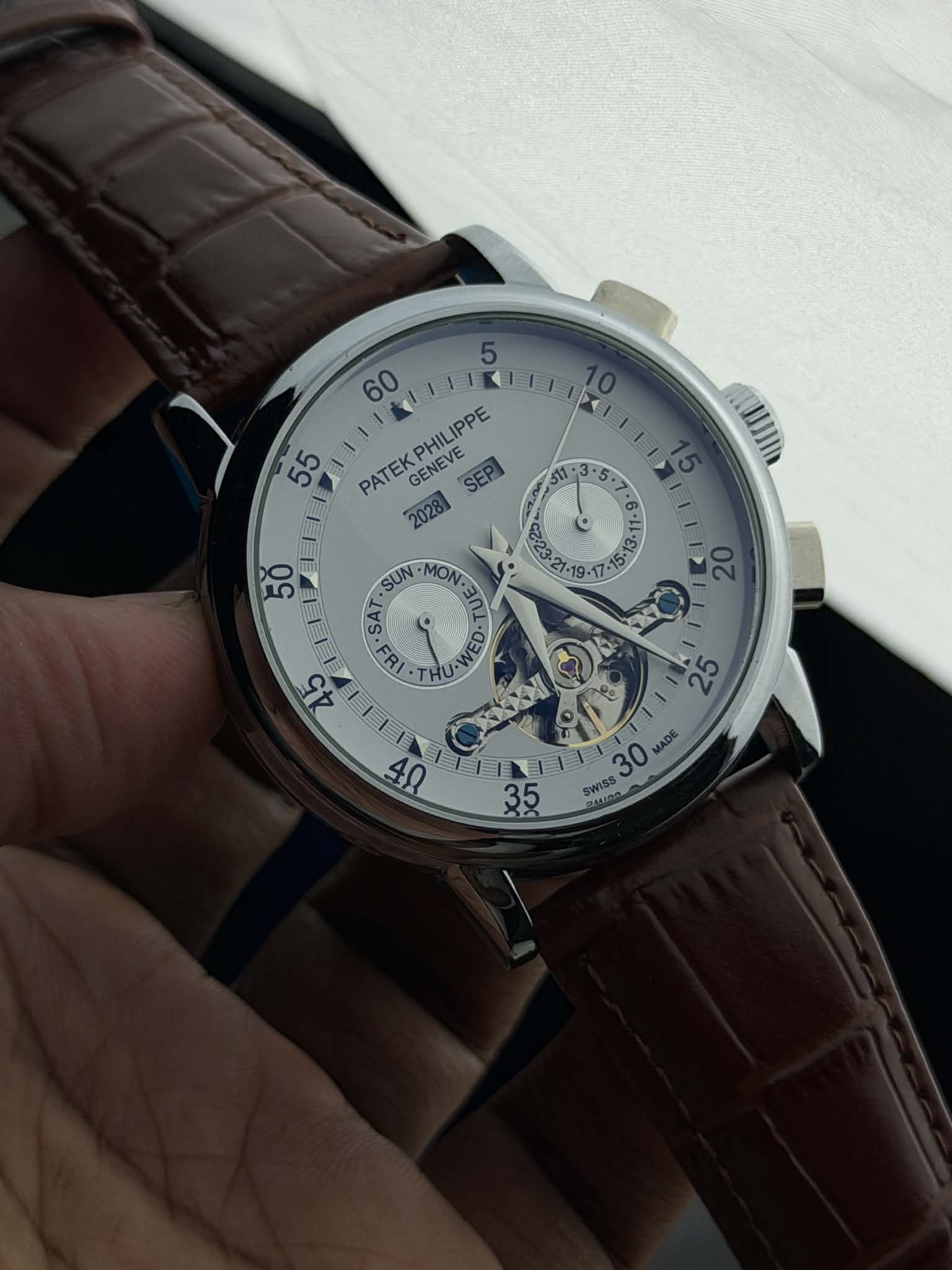 Patek Philippe Grand Flywheel Complication Automatic | White Dial Tan Brown Leather - ( Semi Triple A )