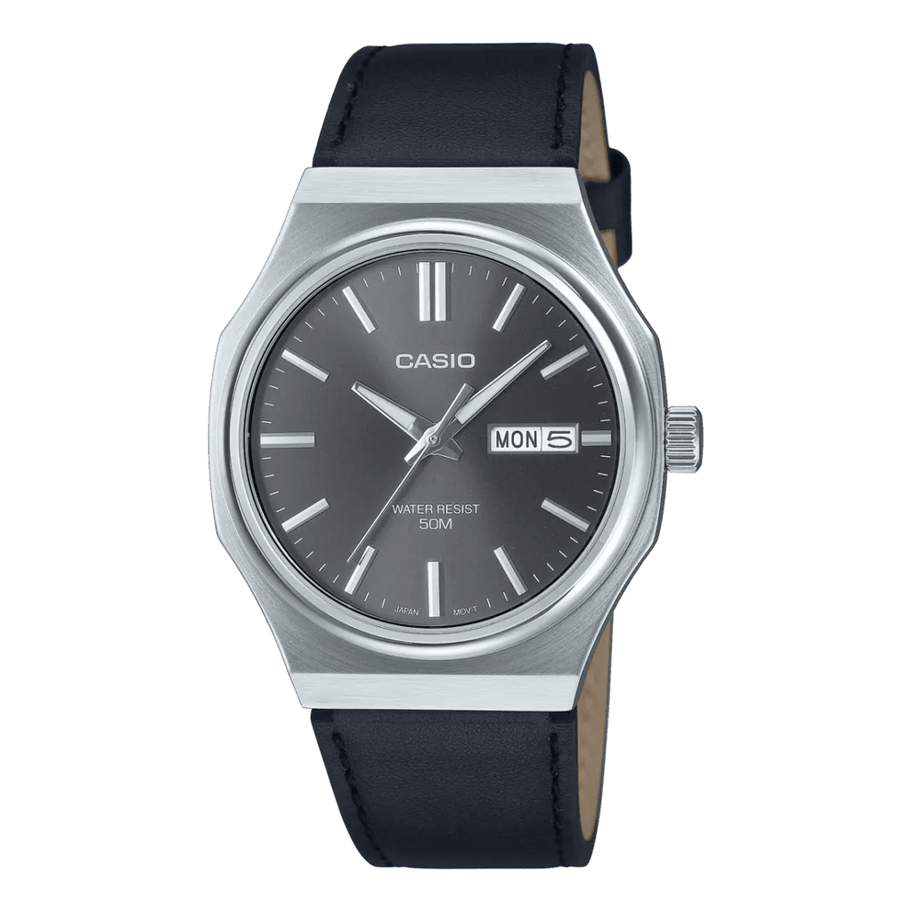 Casio MTP - E735L - 8AV Octagonal Grey Dial Men's Day - Date Leather Watch | Casio MTP - E735L - 8AV - VERSE - 