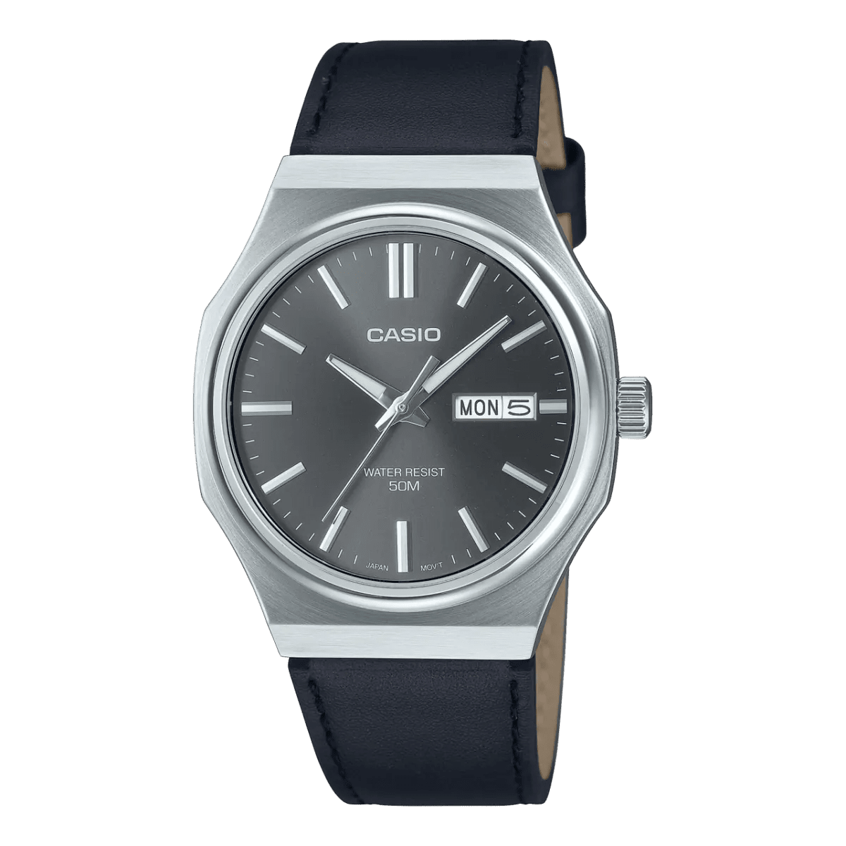 Casio MTP - E735L - 8AV Octagonal Grey Dial Men's Day - Date Leather Watch | Casio MTP - E735L - 8AV - VERSE - 