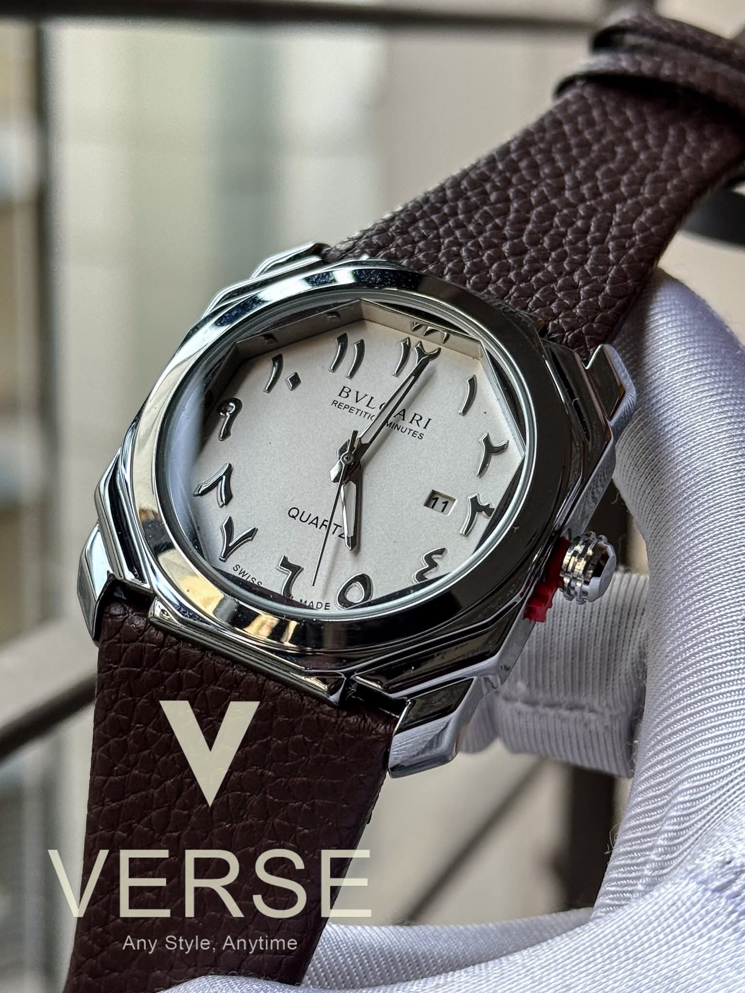 BVLGARI Octo Finissimo Brown Belt White Arabic Dial Glossy Silver Case AA - VERSE - 