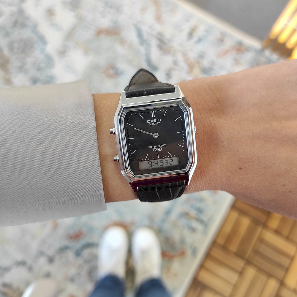 Casio AQ - 230EL - 1A Analog - Digital Black Dial Leather Band Unisex Watch | Casio AQ - 230EL - 1A - VERSE - 