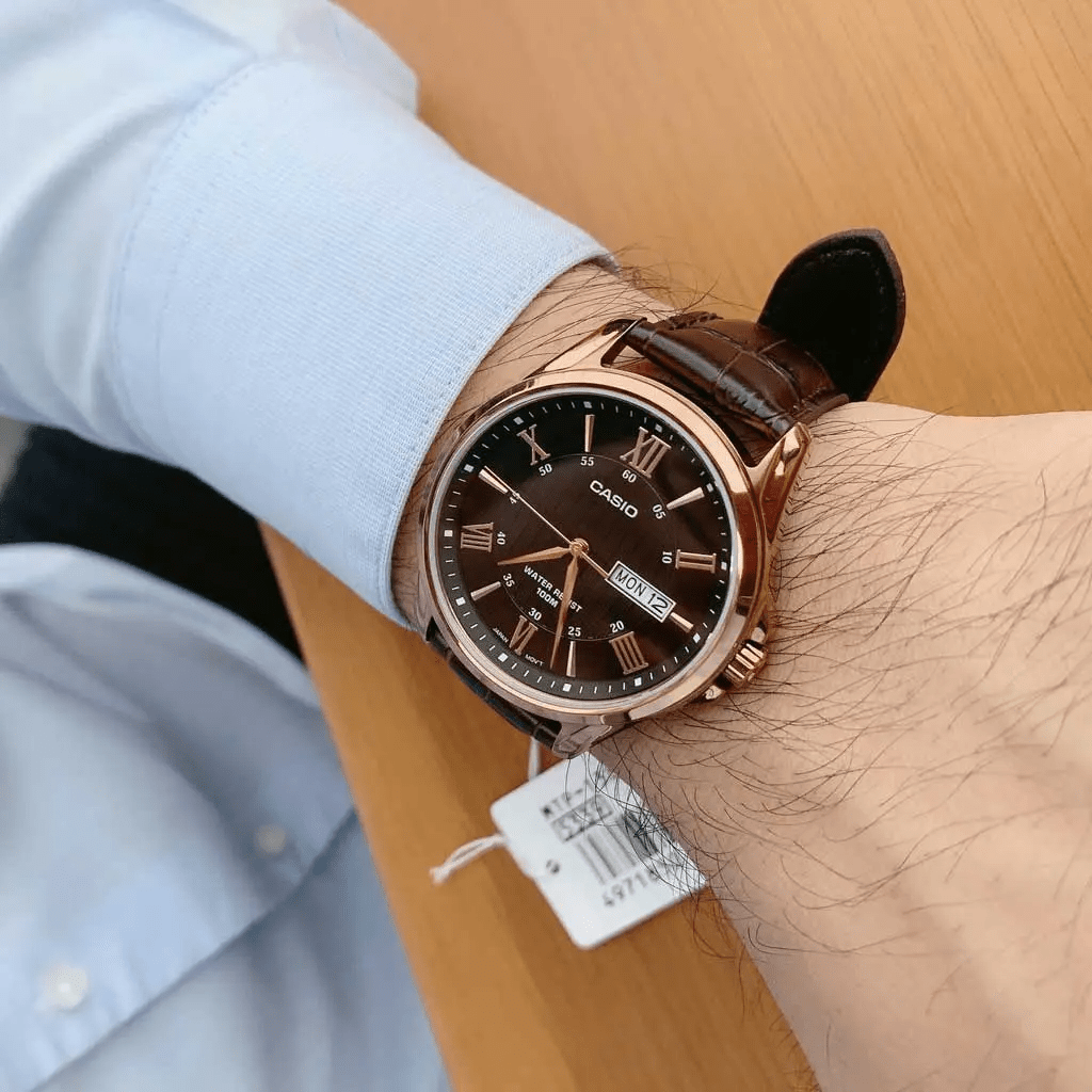 Casio MTP - 1384L - 1AVDF Black Dial Rose Gold Tone Men's Brown Leather Watch | Casio MTP - 1384L - 1AVDF - VERSE - 