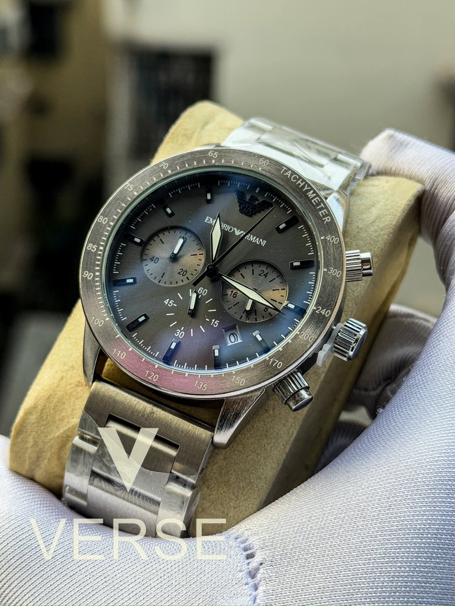 Armani Mario Chronograph Matte Silver Chain Grey Dial AA - VERSE - 
