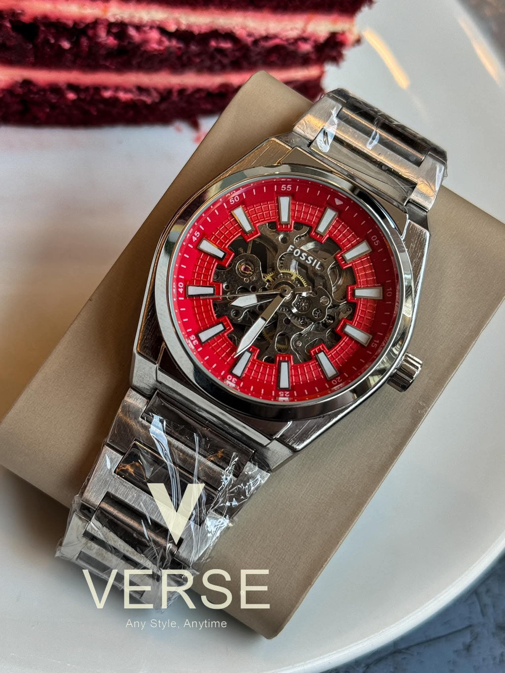 Fossil Everett Automatic Chain Red Velvet Dial AA - VERSE - 