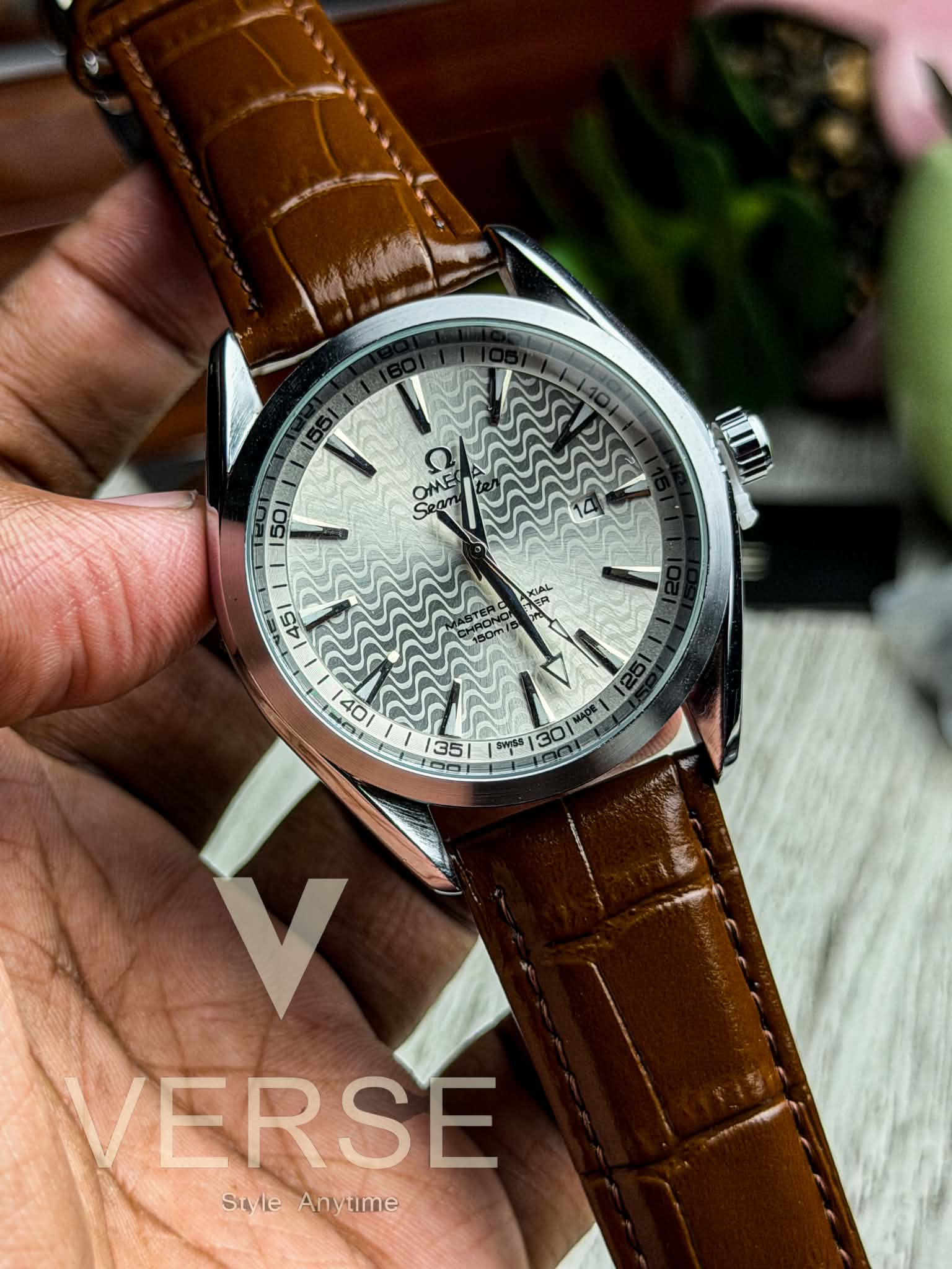Omega Seamaster AquaTerra "Flinqué Waves" | White Dial Tan Brown Leather - ( Double A )