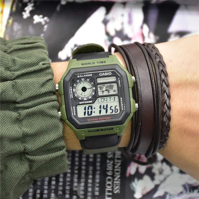 Casio AE-1200WHB-3BV “Casio Royale” Men’s World Time Digital Watch with Green Nylon Band | Casio AE-1200WHB-3BVVERSE