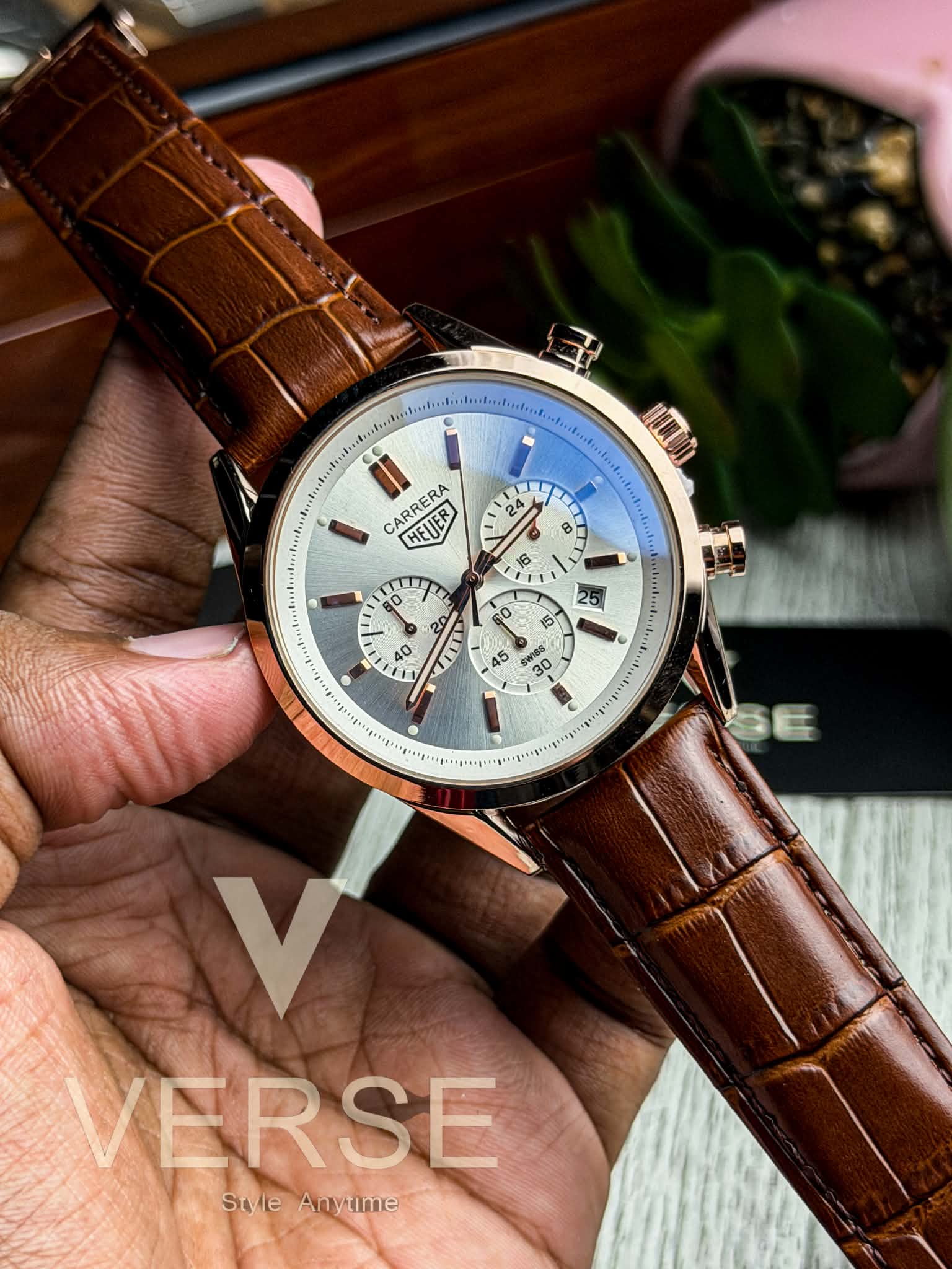 TAG Heuer Carrera Chronograph | White Dial Brown Leather RG Case - ( Double A )