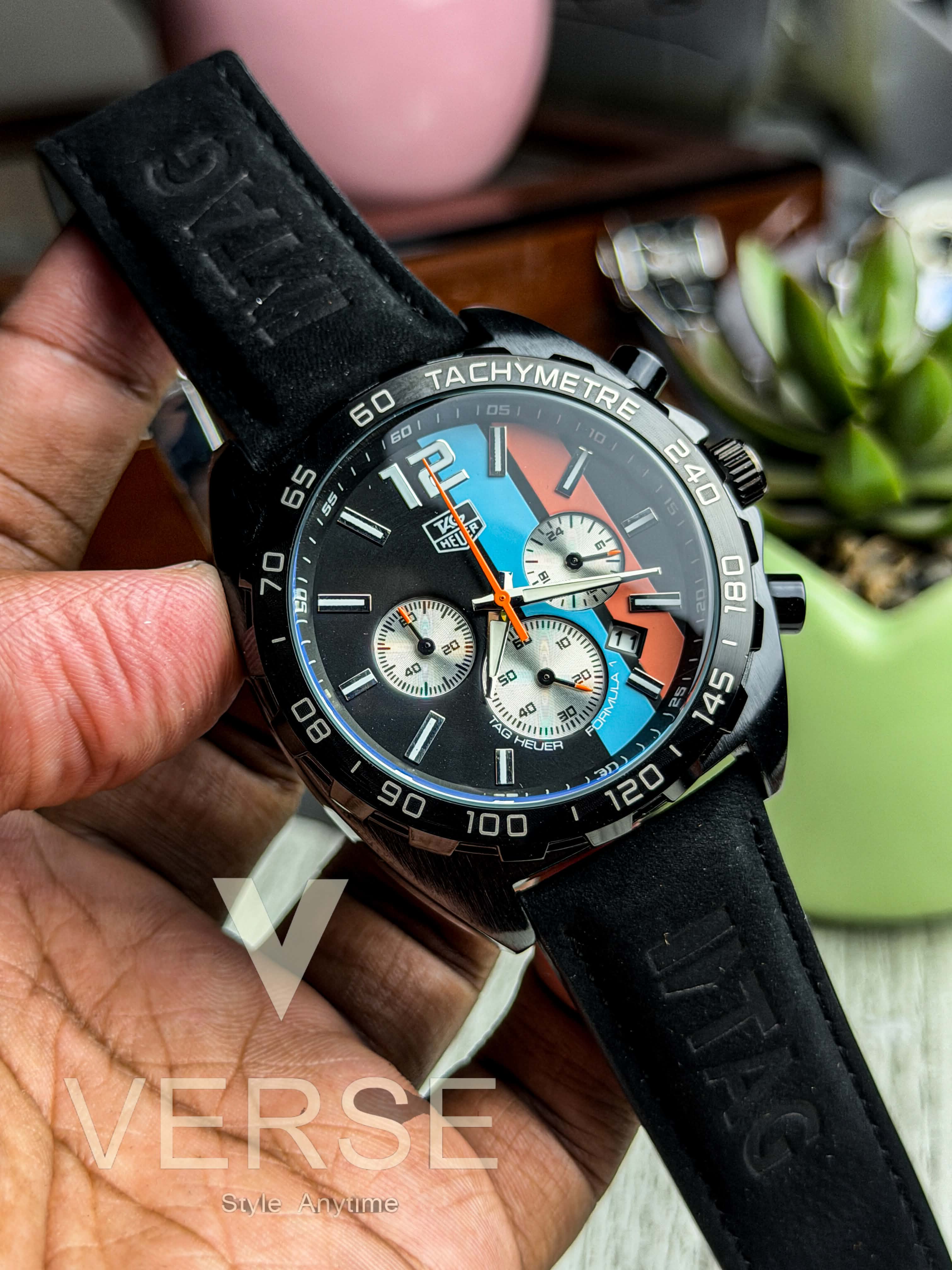 TAG Heuer Formula 1 Chronograph Gulf Edition | Black F1 Dial Black Suede Leather - ( Double A )