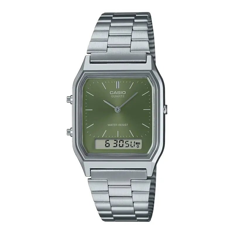 Casio AQ - 230A - 3AMQY Analog - Digital Olive Green Dial Stainless Steel Unisex Watch | Casio AQ - 230A - 3AMQY - VERSE - 