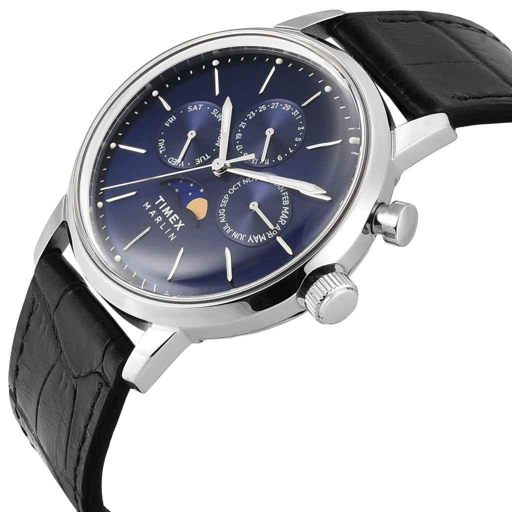 Timex Marlin Moon Phase Multifunction 40mm Navy Blue Dial Black Leather Men's Watch | Timex TWEG26803