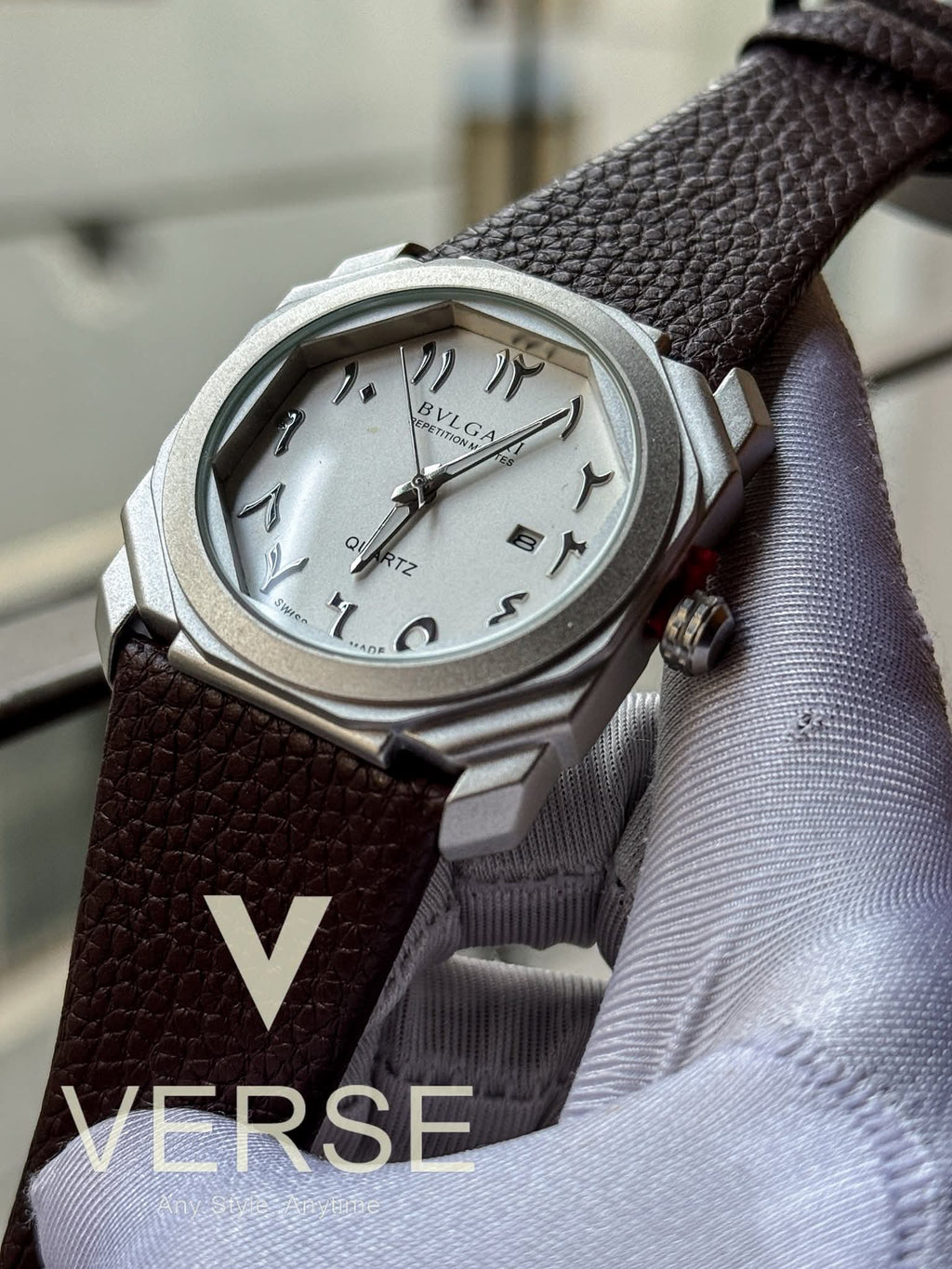 BVLGARI Octo Finissimo Brown Belt White Arabic Dial Matte Silver Case AA - VERSE - 