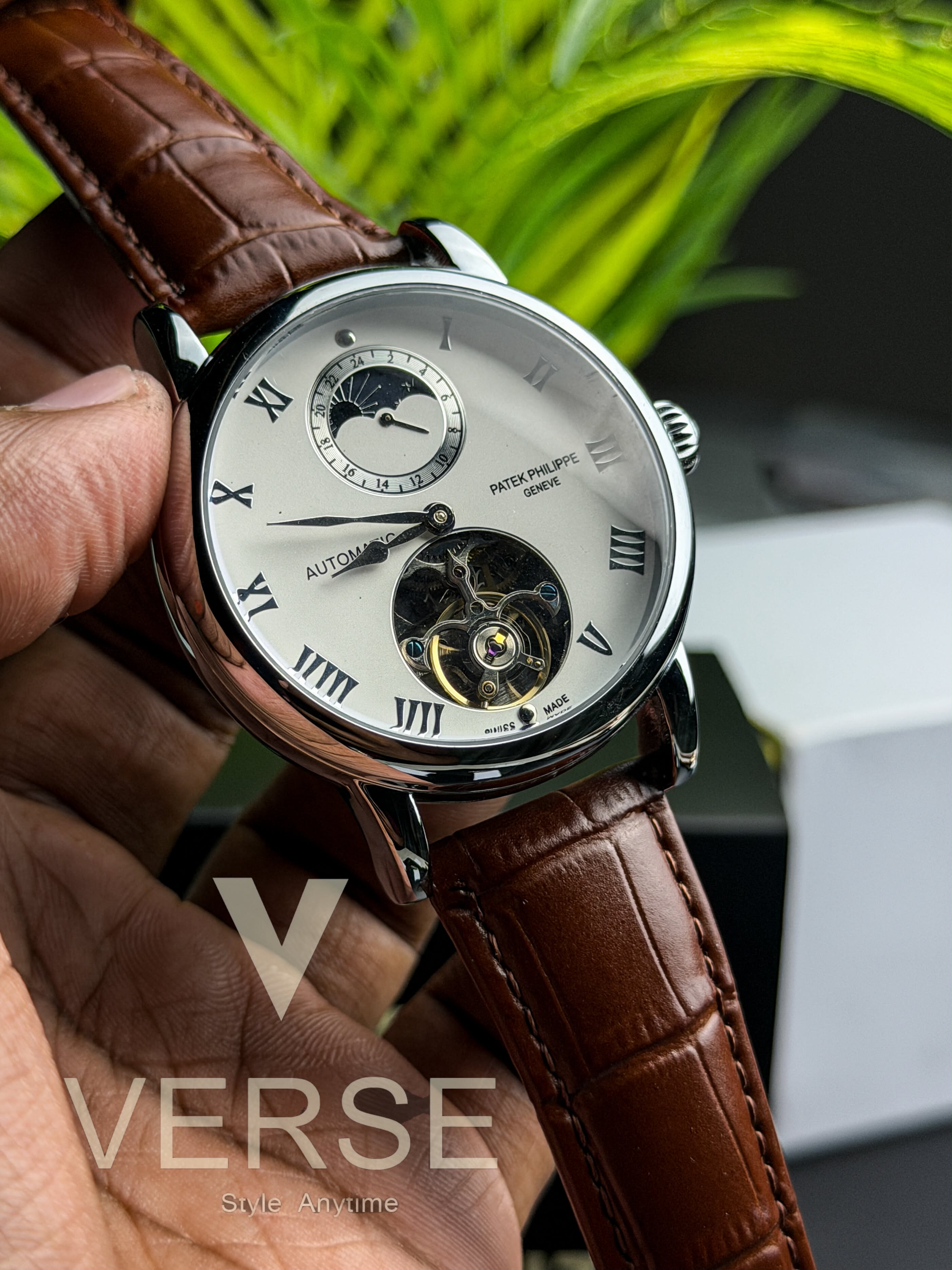 Patek Philippe "Alchemist Moonphase Open Heart" Automatic | White Dial Chestnut Brown Leather - ( Semi Triple A )