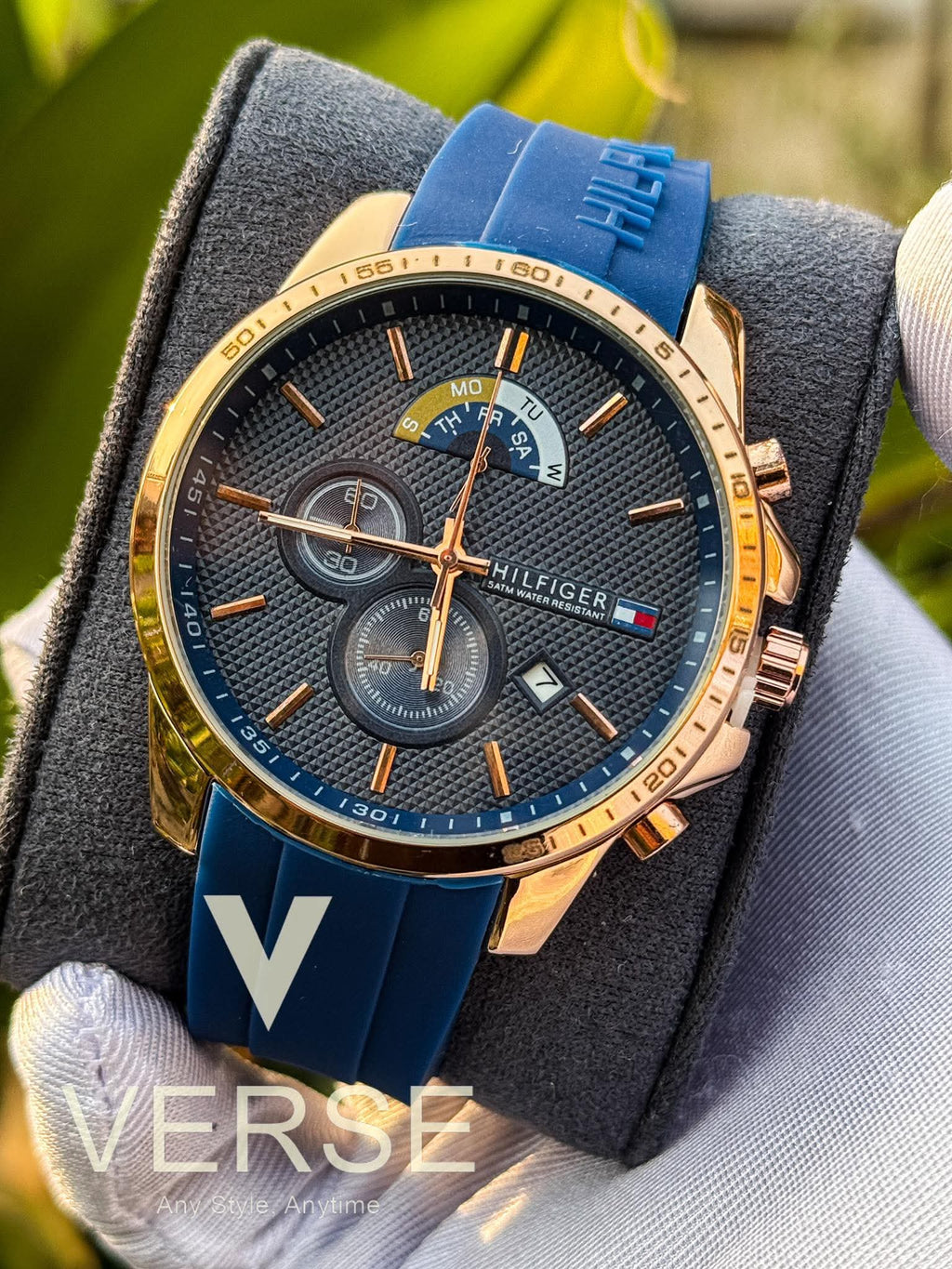 Tommy Hilfiger Decker Chronograph Blue Belt Rose Gold Case AA - VERSE - 