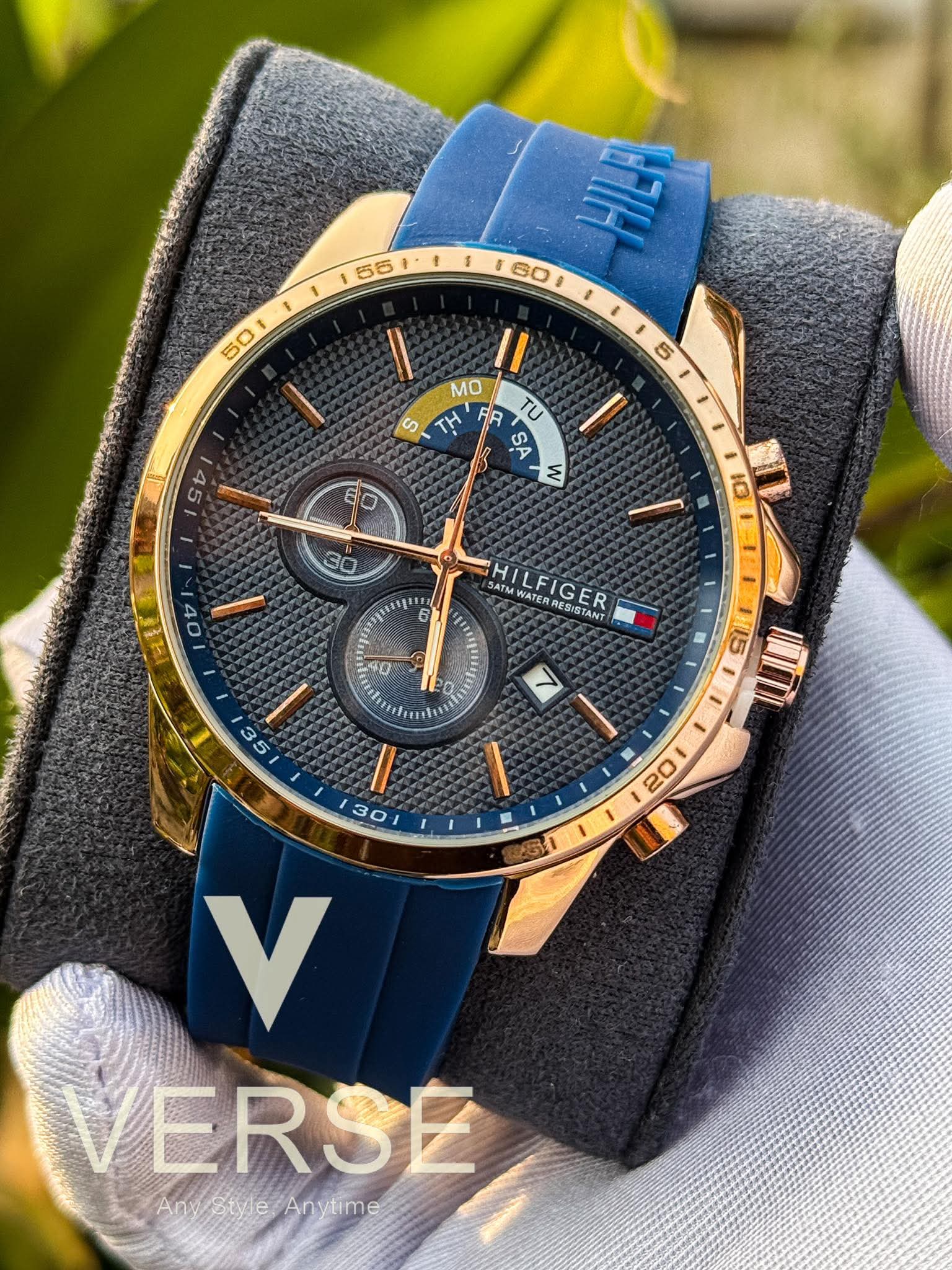 Tommy Hilfiger Decker Chronograph Blue Belt Rose Gold Case AA - VERSE - 