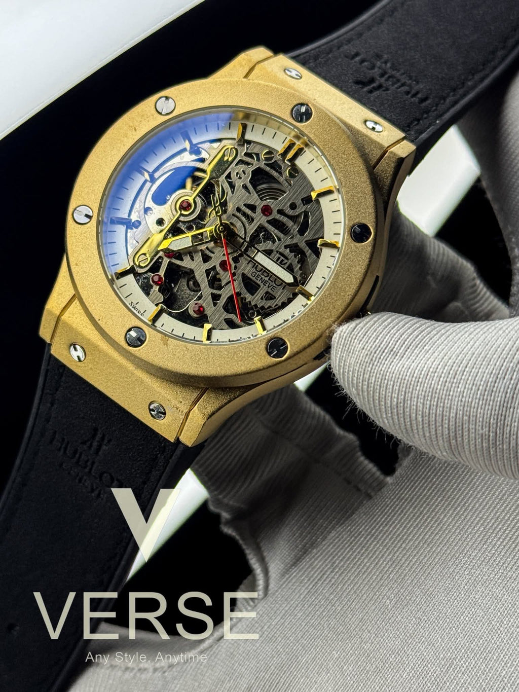 Hublot Automatic Black Belt Gold Case Openworked White - Gold Dial AA - VERSE - 